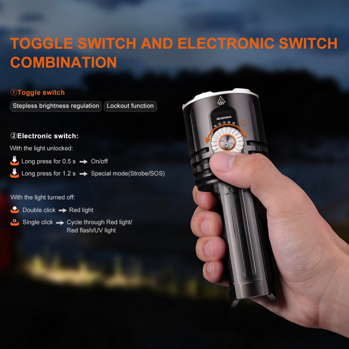 Fenix LR35R Pro – LED Taschenlampe mit 10.000 Lumen, Rotlicht & UV, Akku, USB-C – Detailansicht