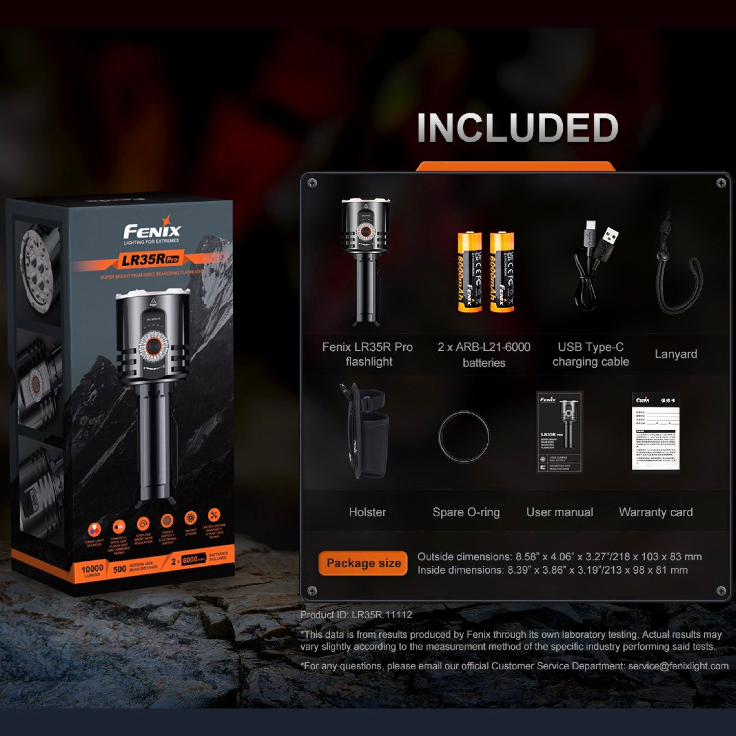 Fenix LR35R Pro – LED Taschenlampe mit 10.000 Lumen, Rotlicht & UV, Akku, USB-C – Detailansicht