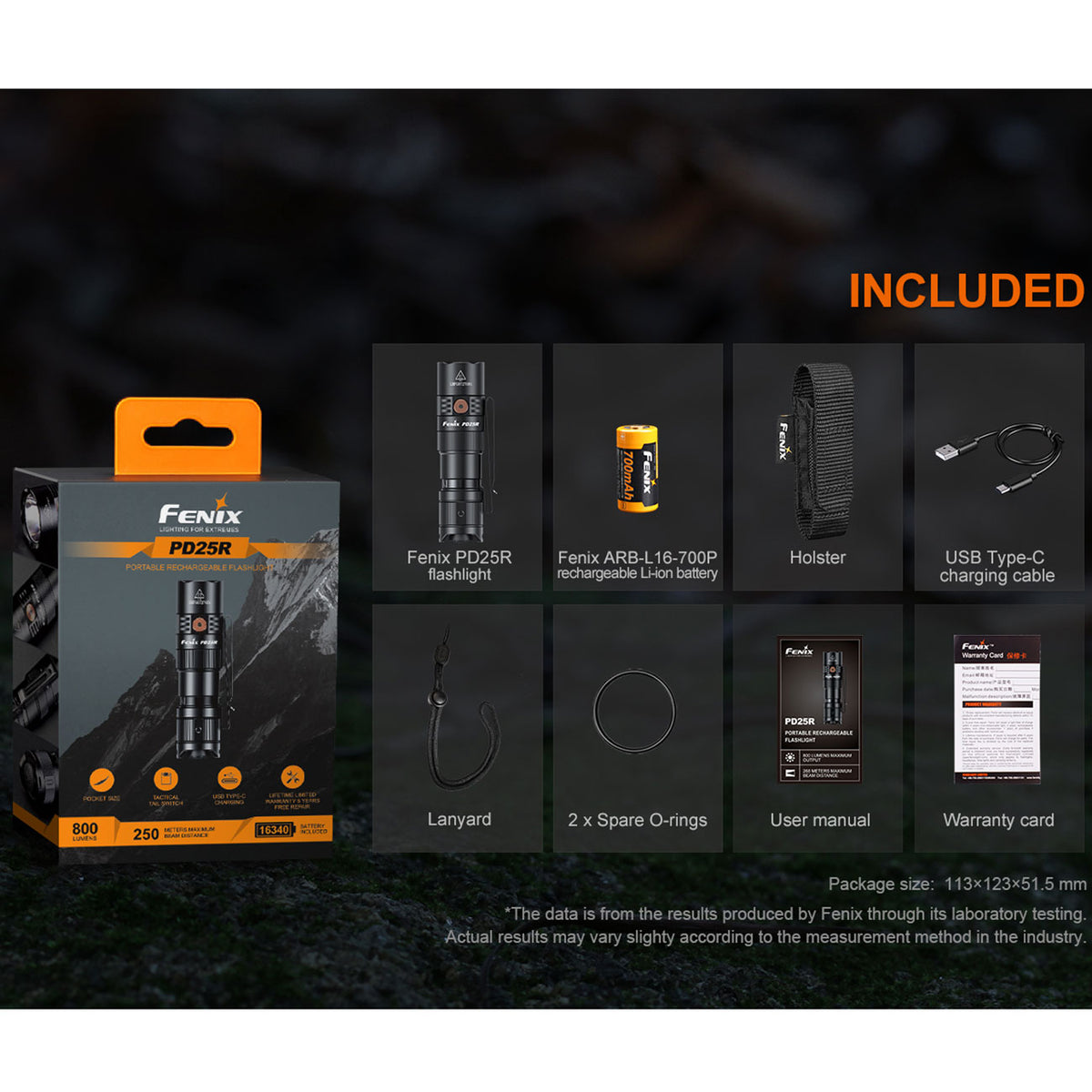 Fenix PD25R LED Taschenlampe 800 Lumen, 250m Leuchtweite,USB-C, Akku, Gürtelclip – Detailansicht