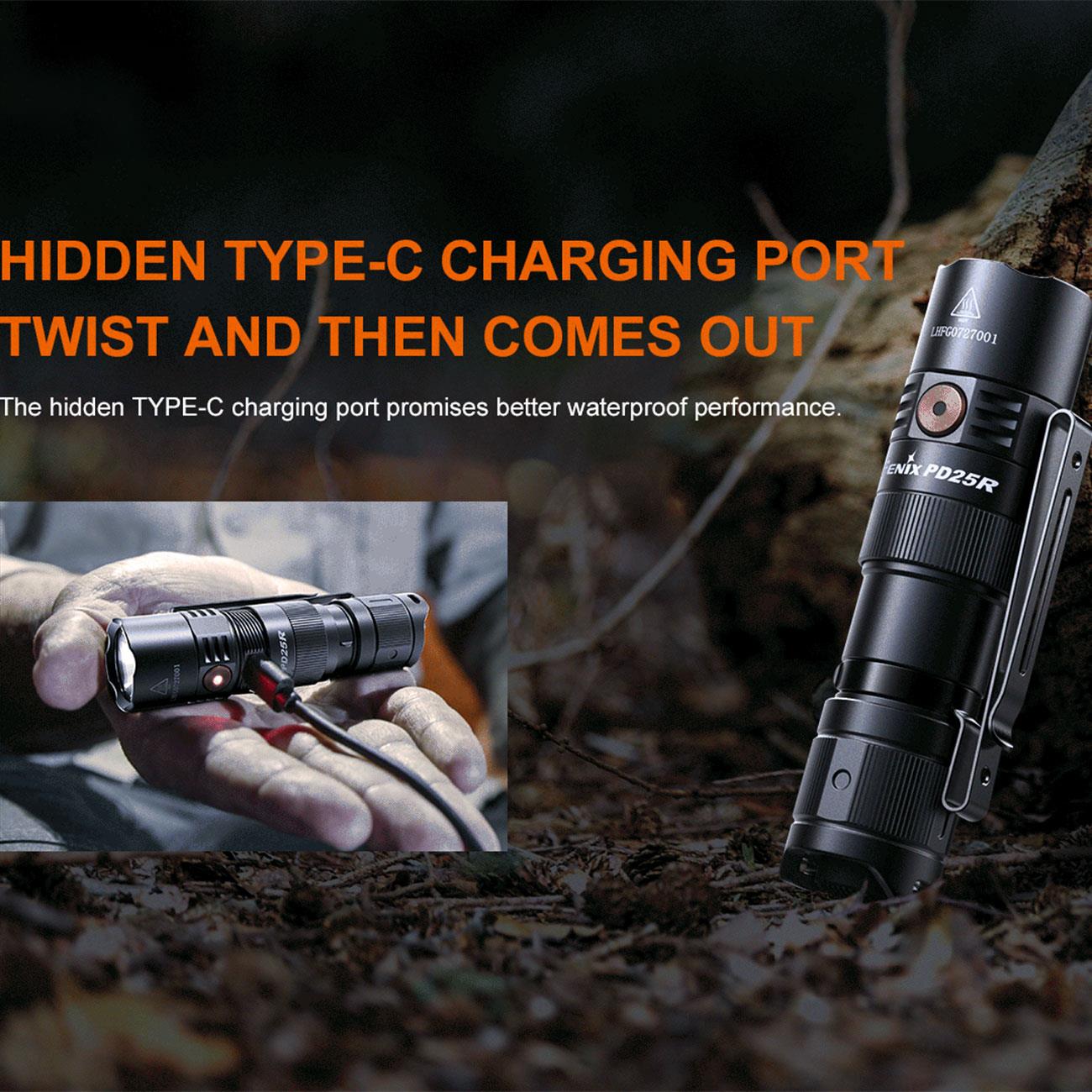Fenix PD25R LED Taschenlampe 800 Lumen, 250m Leuchtweite,USB-C, Akku, Gürtelclip – Detailansicht