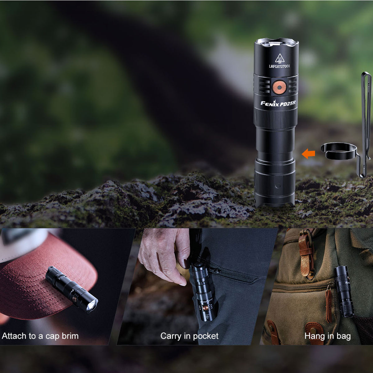 Fenix PD25R LED Taschenlampe 800 Lumen, 250m Leuchtweite,USB-C, Akku, Gürtelclip – Detailansicht