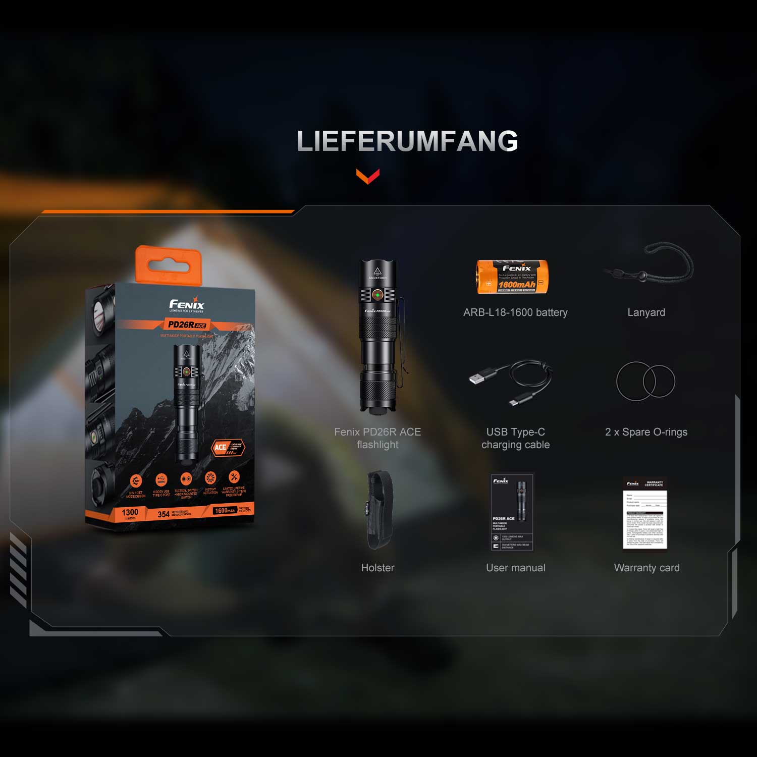 Fenix PD26R ACE – LED Taschenlampe mit 1300 Lumen 1600mAh Akku & USB-C – Detailansicht