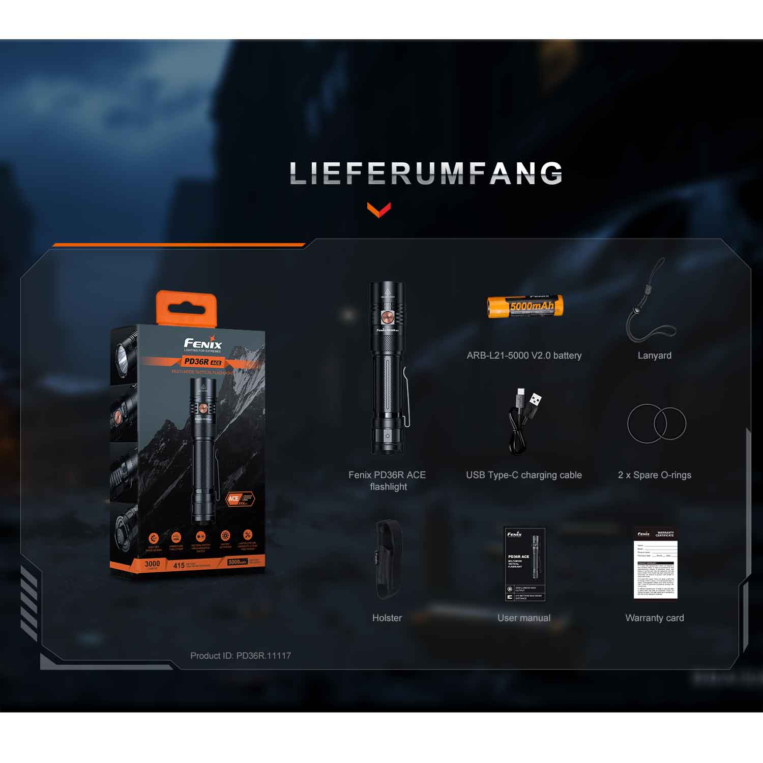 Fenix PD36R ACE – LED Taschenlampe 3000 Lumen, Akku & USB-C, SET-Modus – Detailansicht