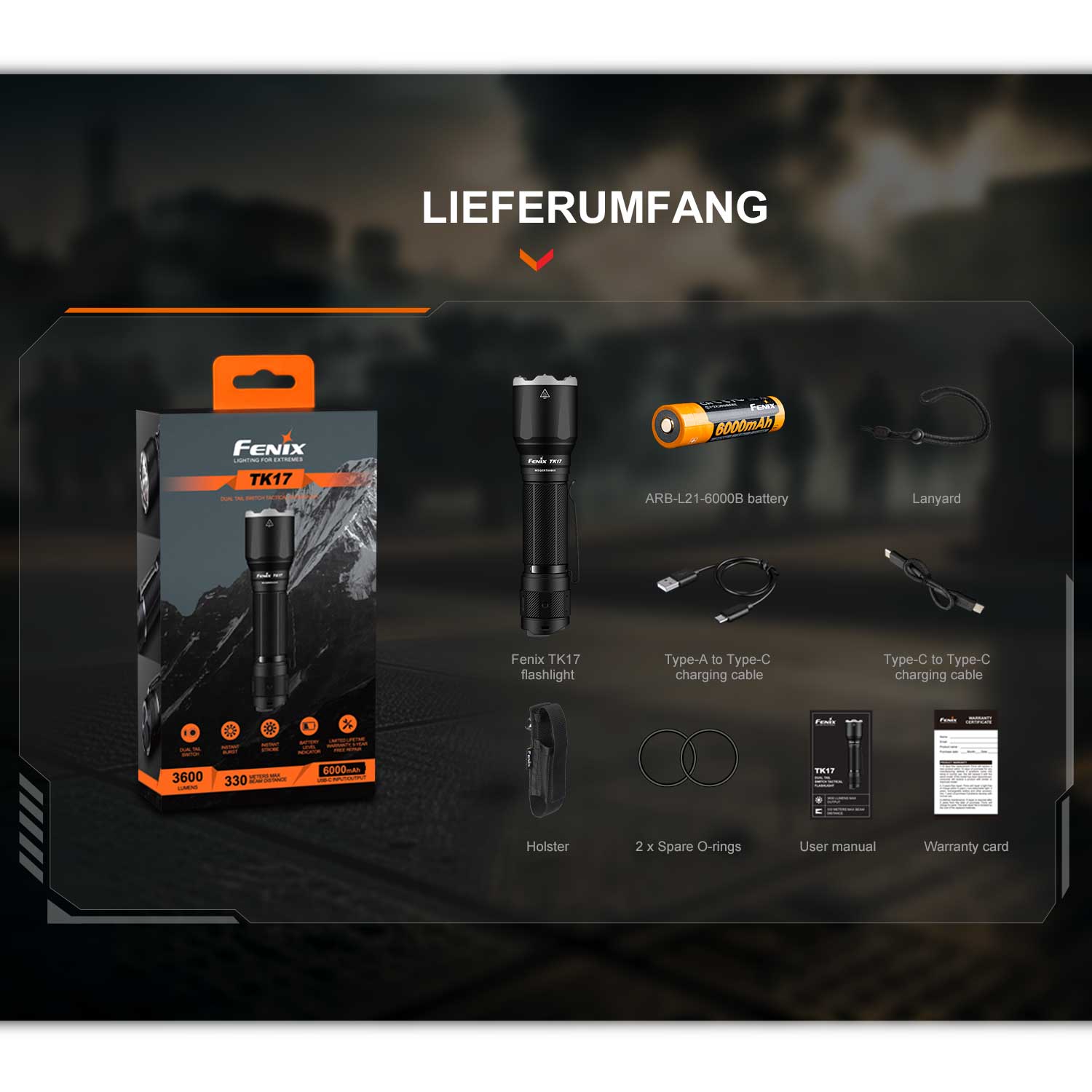 Fenix TK17 – Polizei Taschenlampe 3600 Lumen inkl. 6000mAh USB-C Akku – Detailansicht