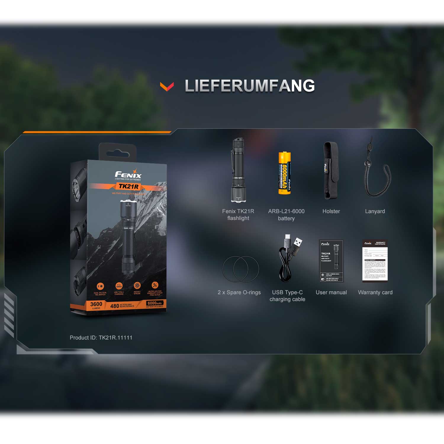 Fenix TK21R – Polizei Taschenlampe mit 3600 Lumen, 21700 Akku 6000mAh, USB-C – Lieferumfang und Verpackung
