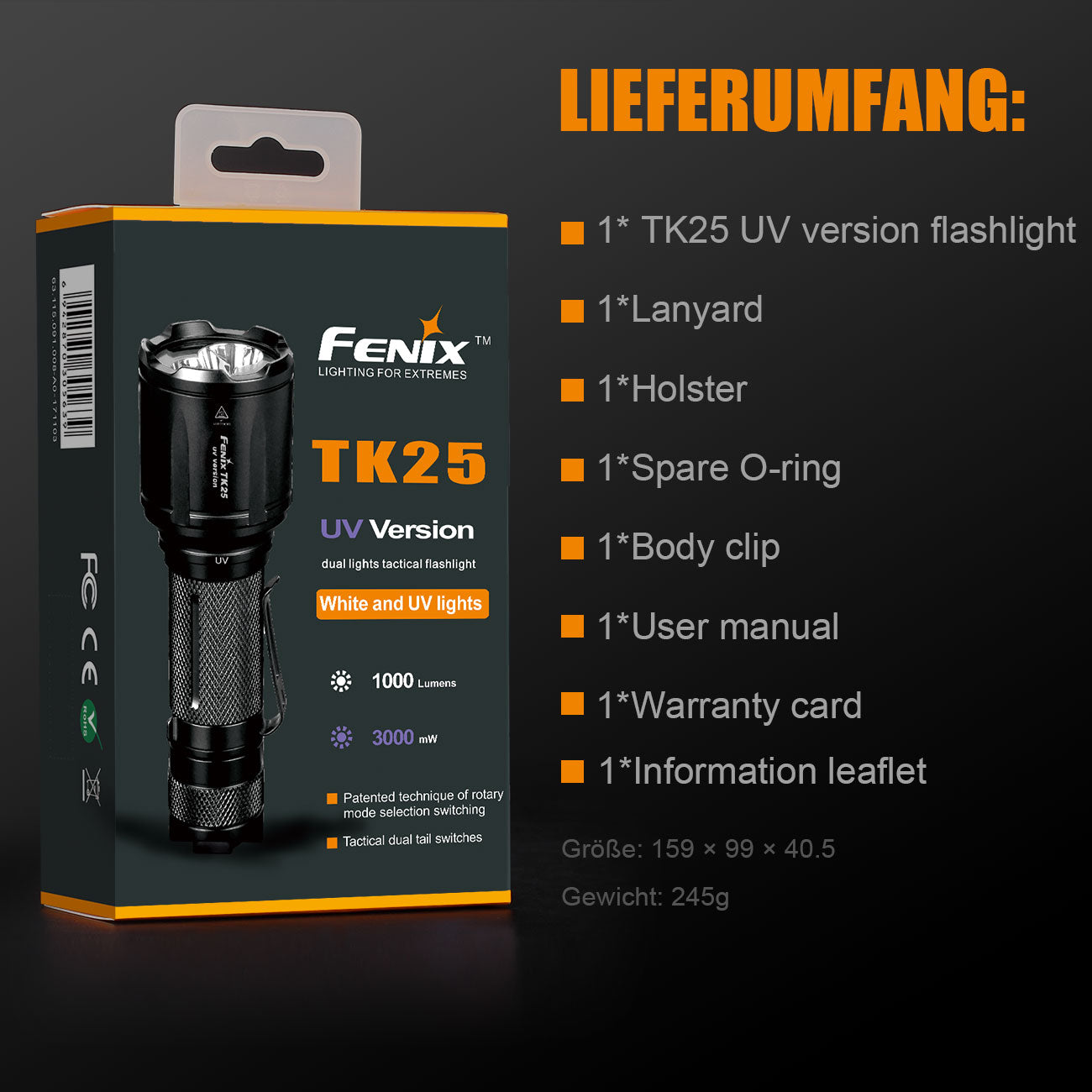 Fenix TK25 UV – Polizei Taschenlampe mit UV-Licht 365 nm und 1000 Lumen Weißlicht – Detailansicht