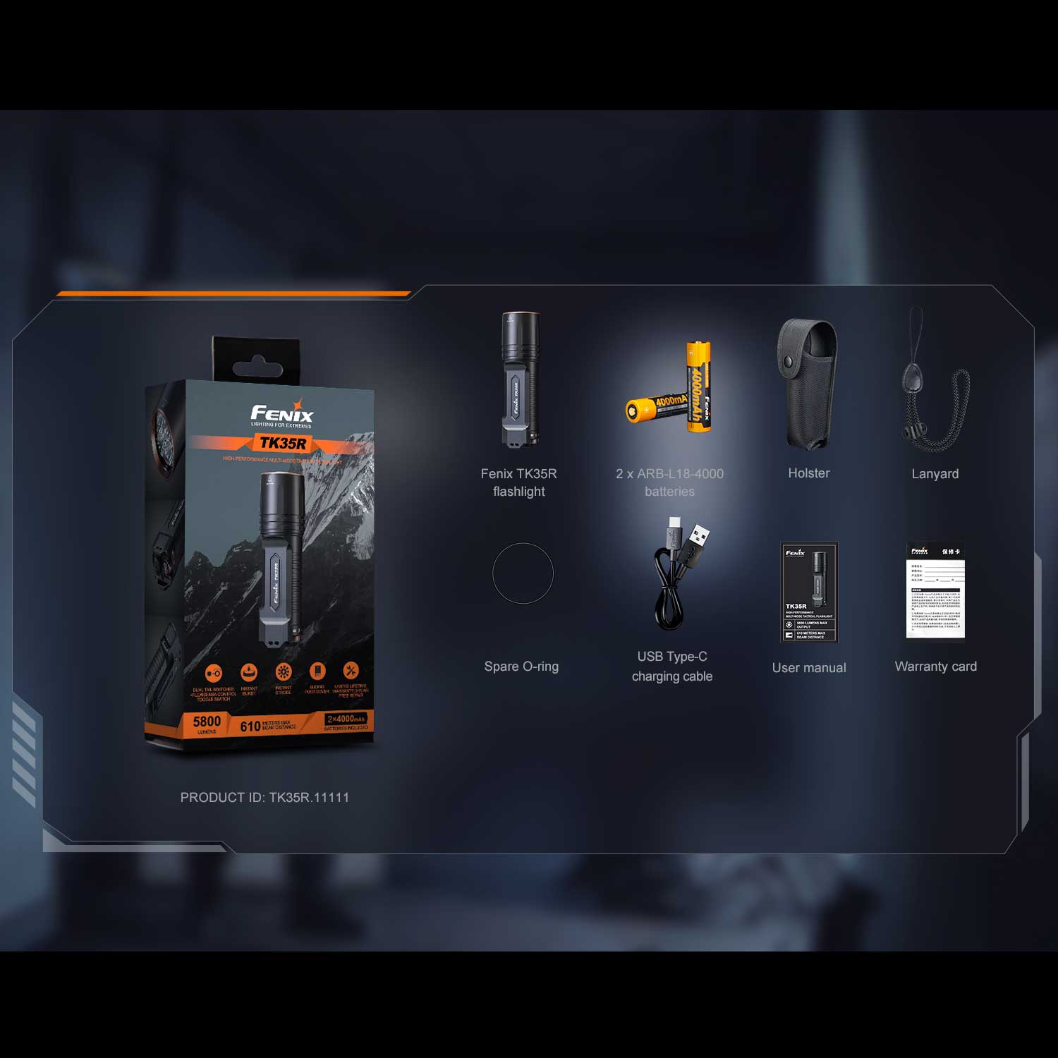 Fenix TK35R – Polizei Taschenlampe mit UV-Licht & Weißlicht 5800 Lumen Akku & USB-C – Detailansicht