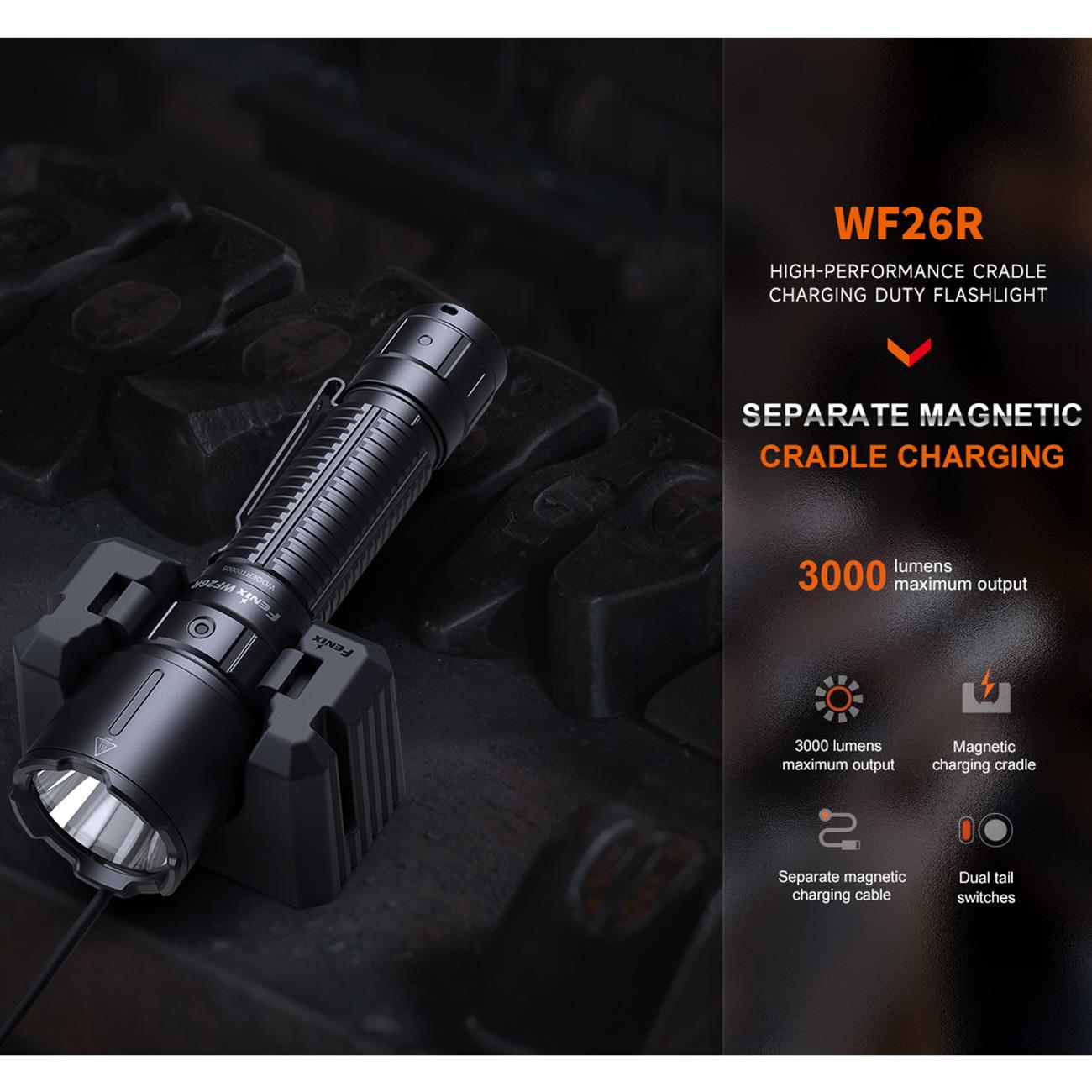 Fenix WF26R – Taschenlampe mit Ladestation für Polizei & Wachschutz, 3000 Lumen – Lichtbild und Leuchtleistung