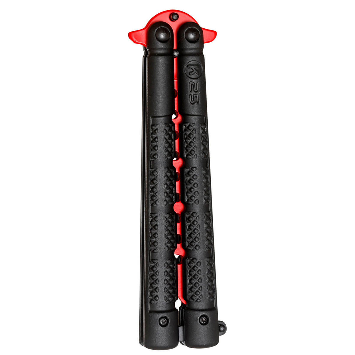 K25 Balisong Trainer Schwarz - Stumpfes Butterfly Trainingsmesser im Nylonetui – Detailansicht