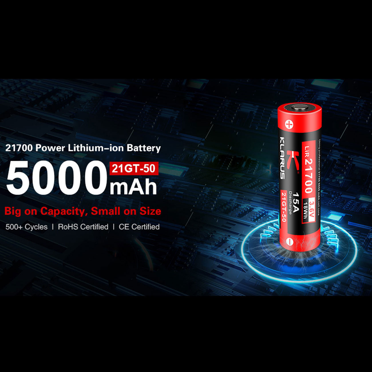 Klarus 21GT-50 Li-Ion Akku 21700 3,6V 5000mAh 15A Schutzschaltung inkl. Etui – Detailansicht