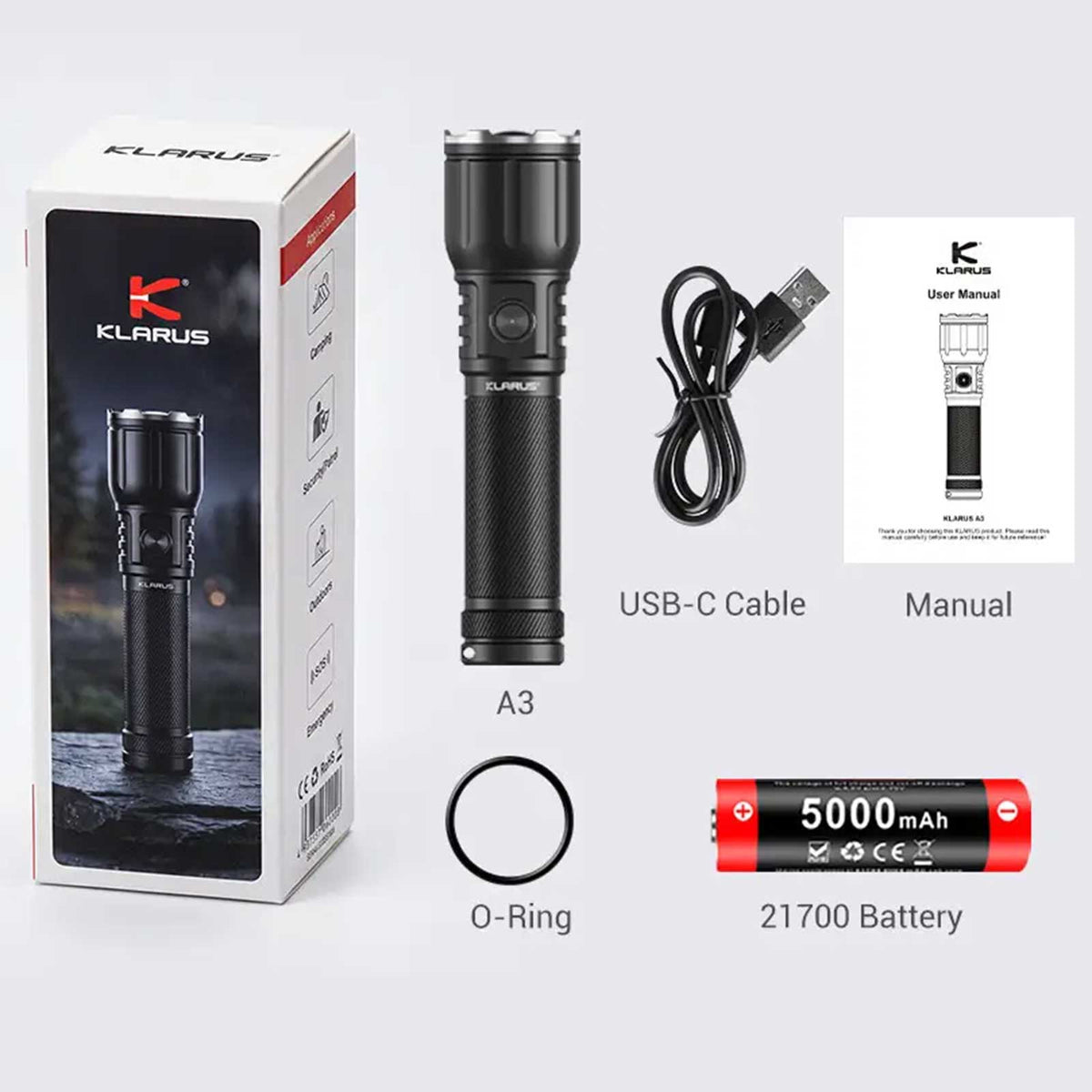 Klarus A3 Zoom – fokussierbare Taschenlampe – Lieferumfang