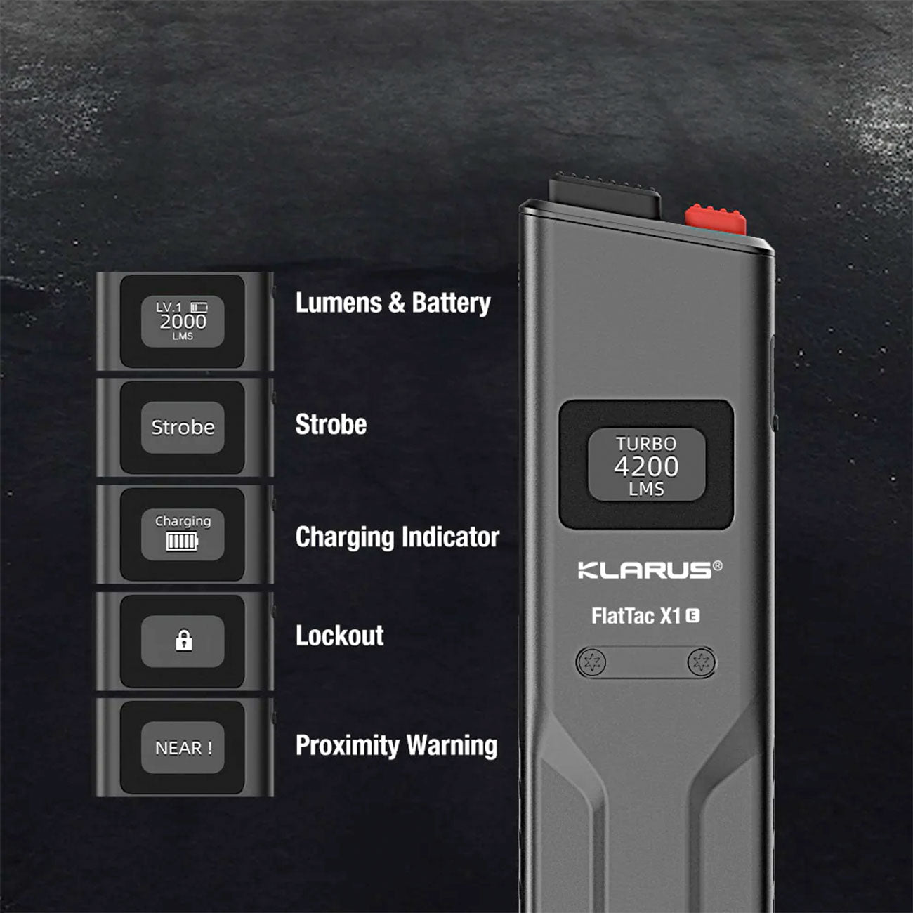 Klarus X1 FlatTac V3 – Flache Taschenlampe mit 4200 Lumen, OLED-Display, USB-C – Detailansicht
