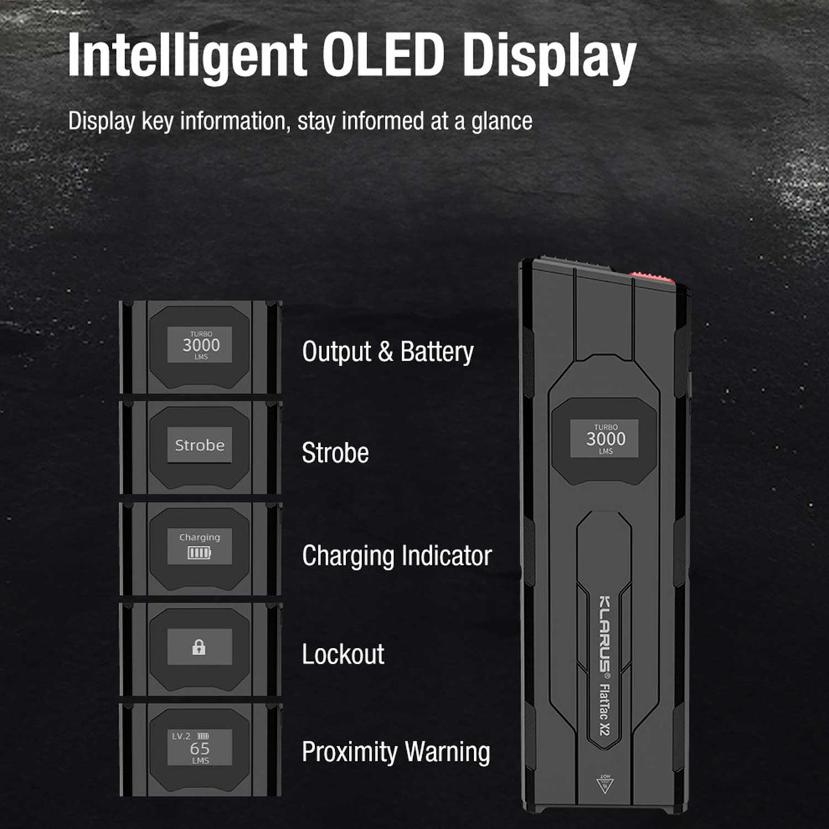 Klarus FlatTac X2 – flache EDC-Taschenlampe mit 3000 Lumen, OLED Display, USB-C – Detailansicht