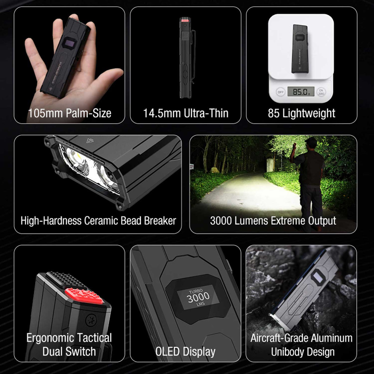 Klarus FlatTac X2 – flache EDC-Taschenlampe mit 3000 Lumen, OLED Display, USB-C – Detailansicht