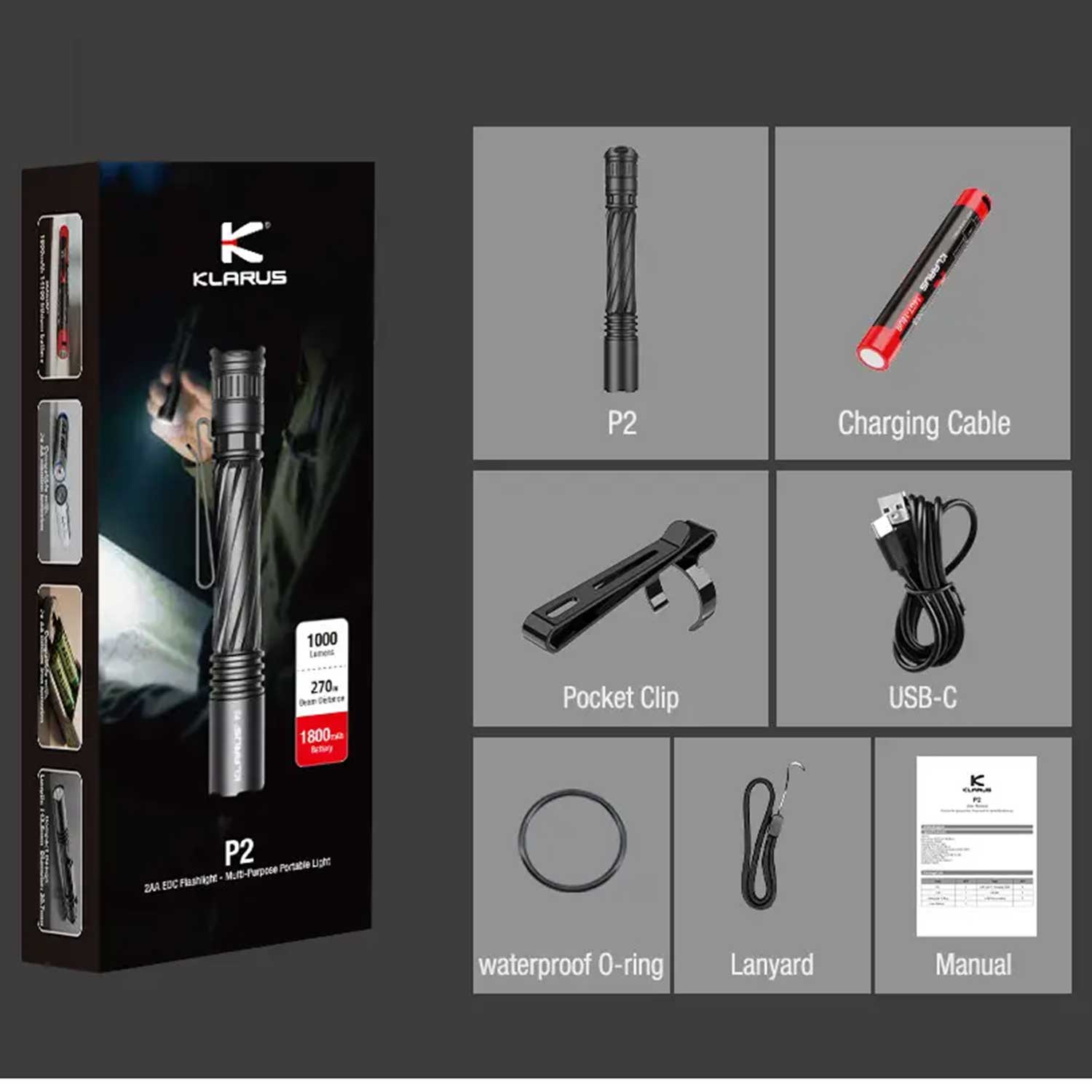 Klarus P2 1000 Lumen – LED Taschenlampe mit 3 Leuchtstufen und USB-C Akku – Detailansicht