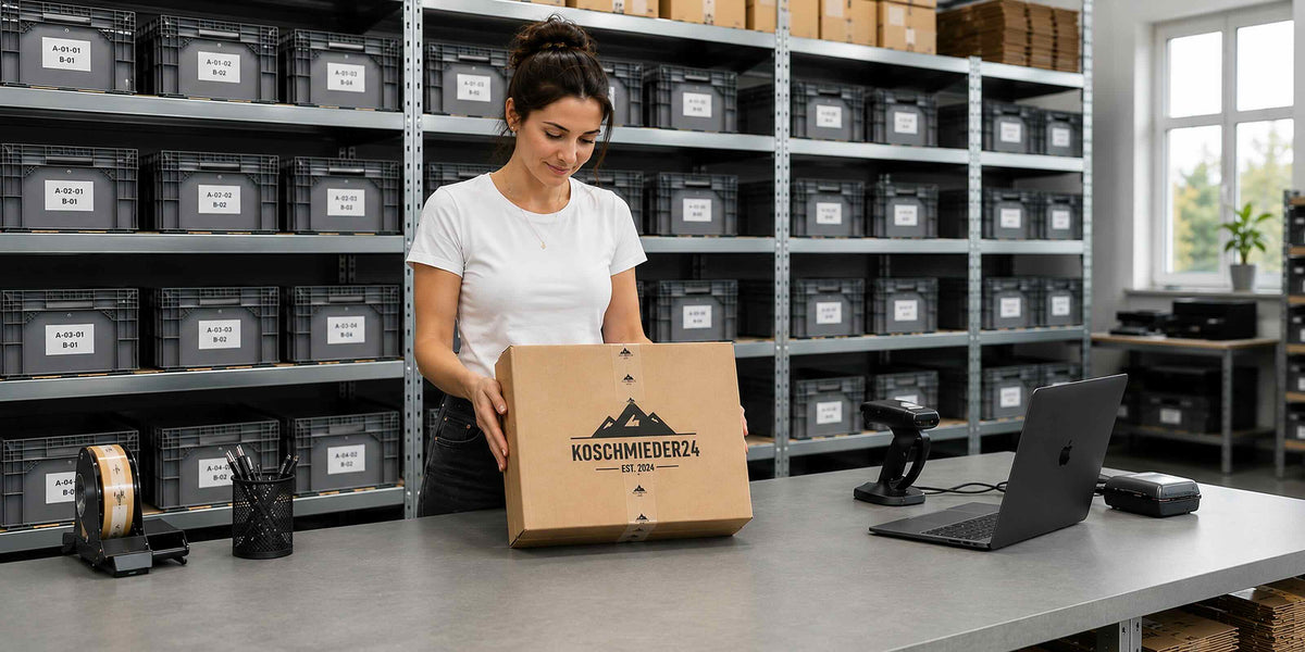 Koschmieder24 mitarbeiterin vor packtisch mit paket in der hand