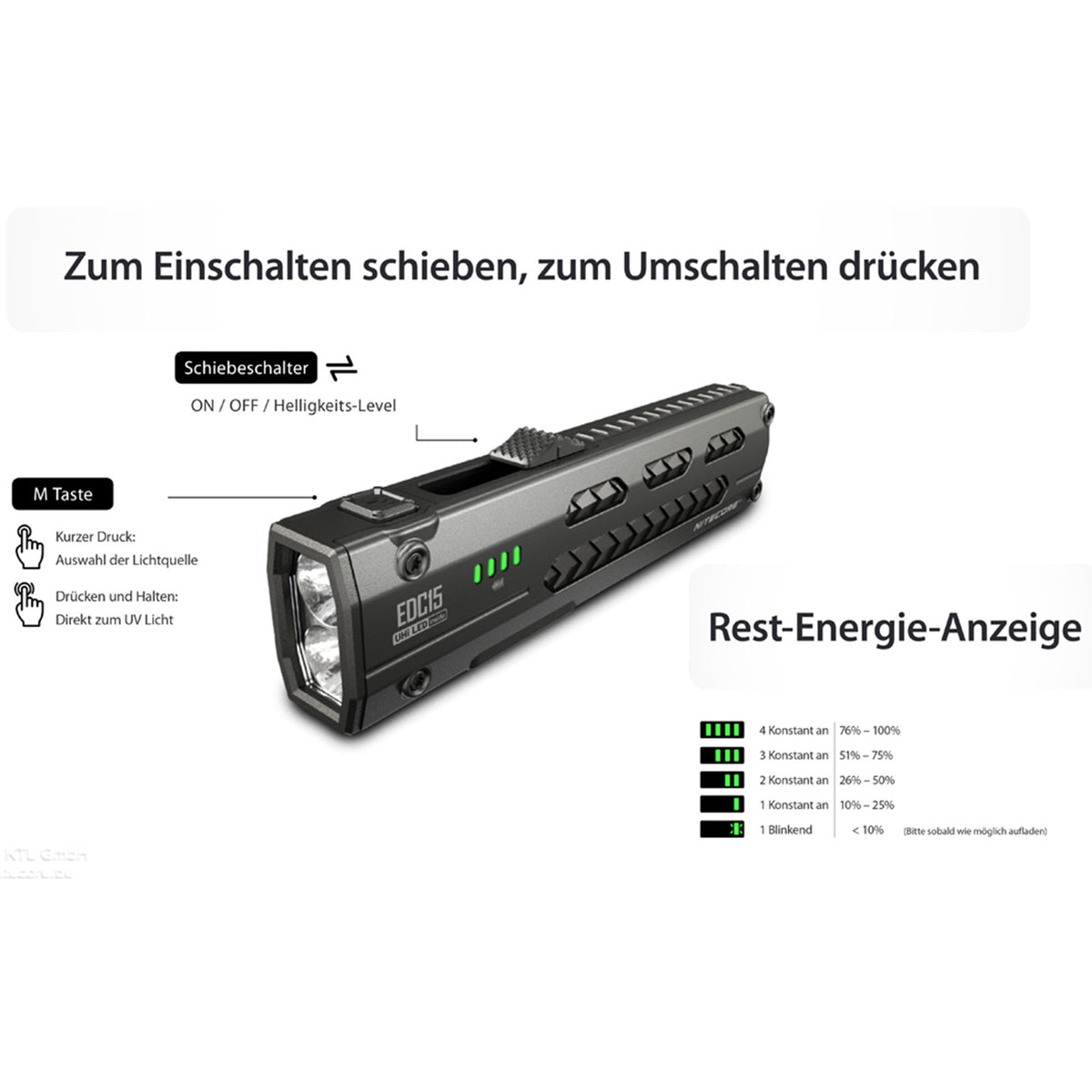 Nitecore EDC15 Taschenlampe 1200 Lumen +UV