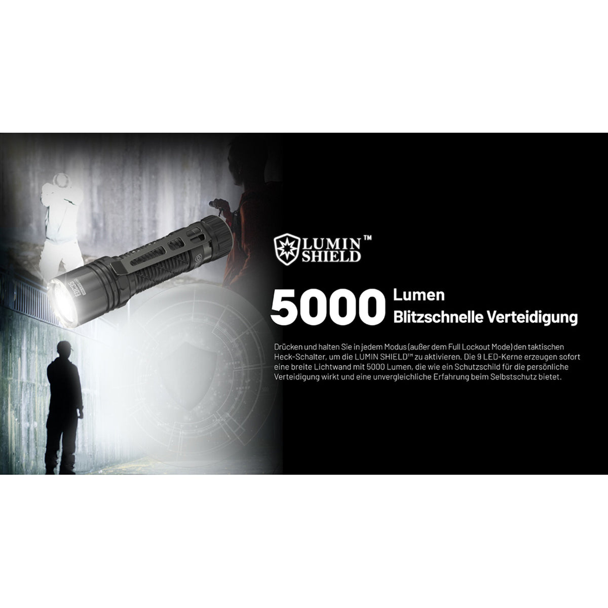 Nitecore EDC35 – LED Taschenlampe mit Spot- & Flutlicht, 5000 Lumen, Akku, USB-C – LuminShield Flutlicht, Lichtbild und Leuchtleistung