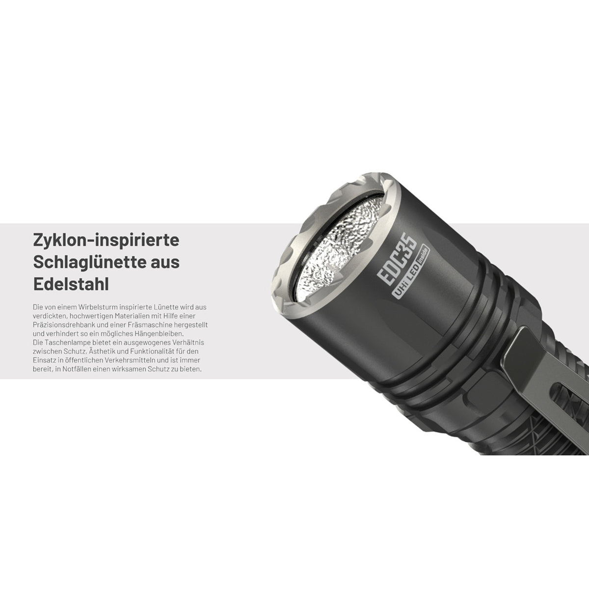Nitecore EDC35 – LED Taschenlampe mit Spot- & Flutlicht, 5000 Lumen, Akku, USB-C – Schlaglünette, Lichtbild und Leuchtleistung