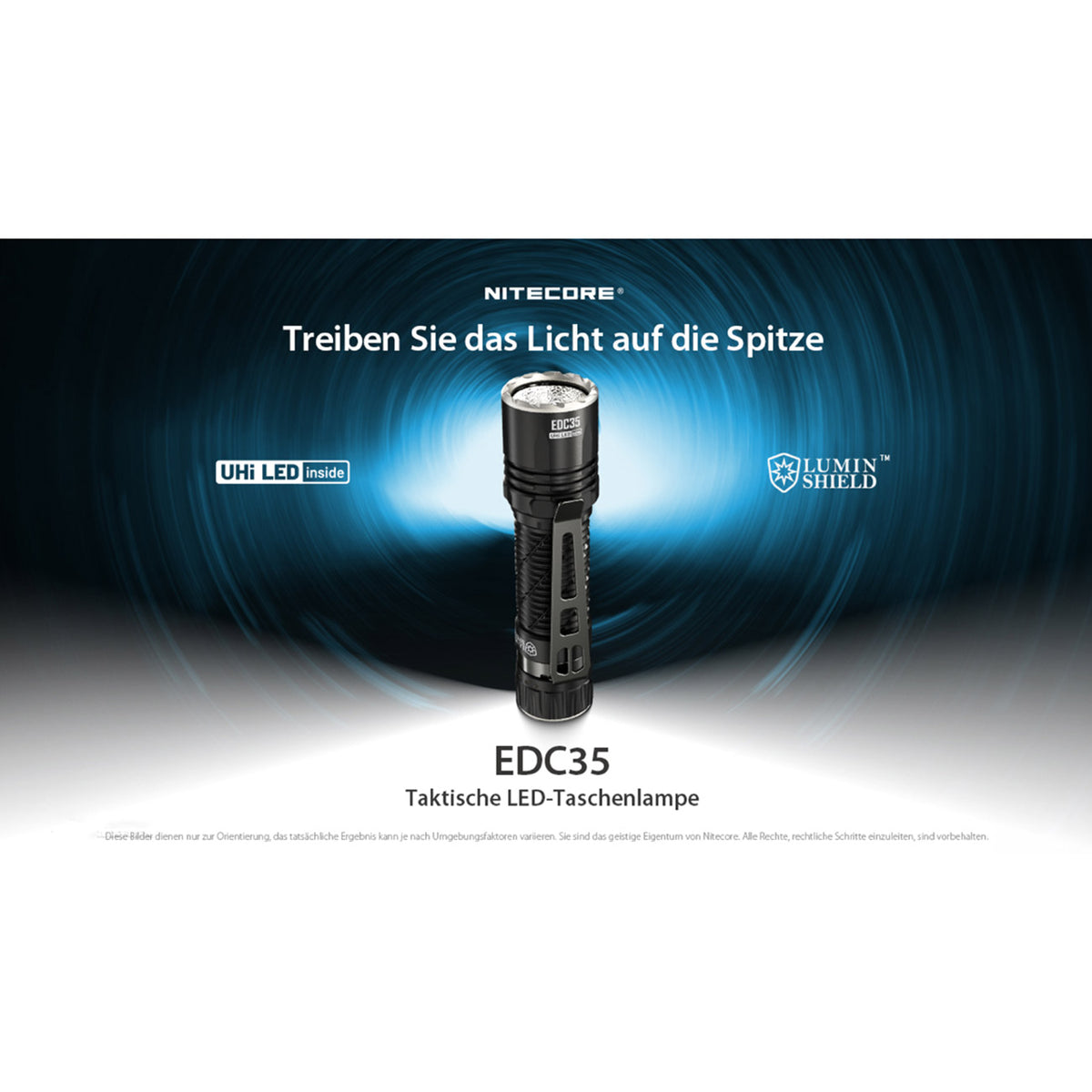 Nitecore EDC35 – LED Taschenlampe mit Spot- & Flutlicht, 5000 Lumen, Akku, USB-C – Tailstand-Funktion, Lichtbild und Leuchtleistung