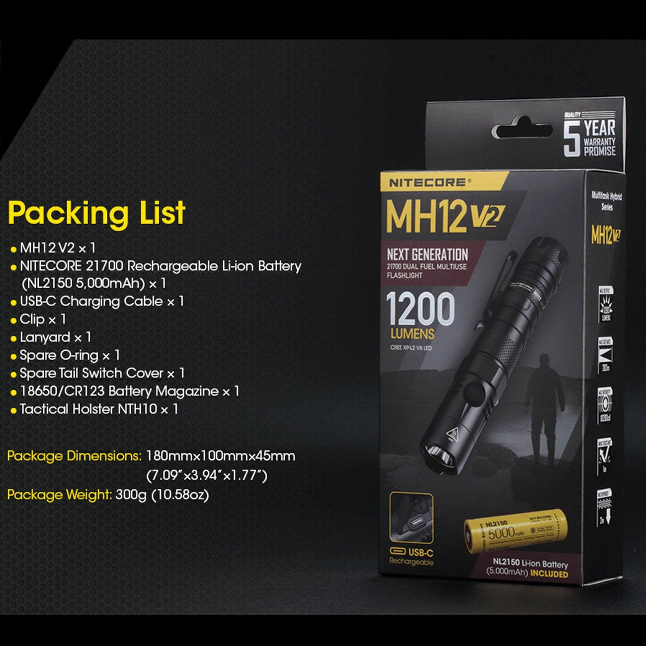 Nitecore MH12 V2 – Taschenlampe mit 1200 Lumen, 21700 Akku, USB-C, Steckholster – Lieferumfang und Verpackung