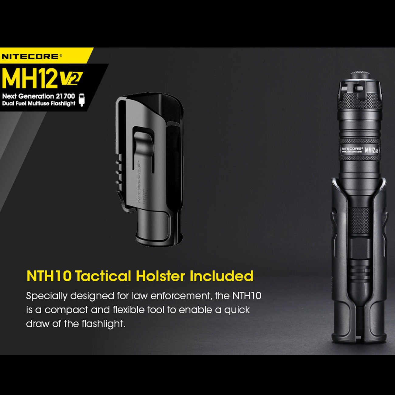 Nitecore MH12 V2 – Taschenlampe mit 1200 Lumen, 21700 Akku, USB-C, Steckholster – Holster