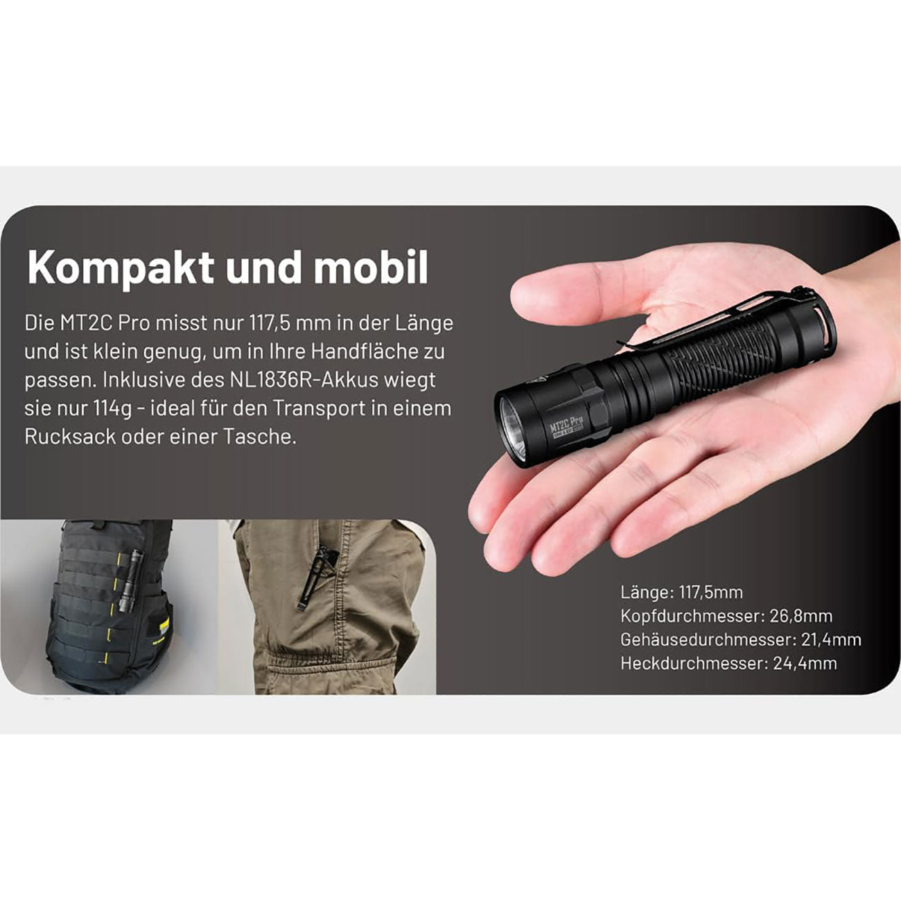 Nitecore MT2C PRO - 1800 Lumen LED Taschenlampe – Detailansicht