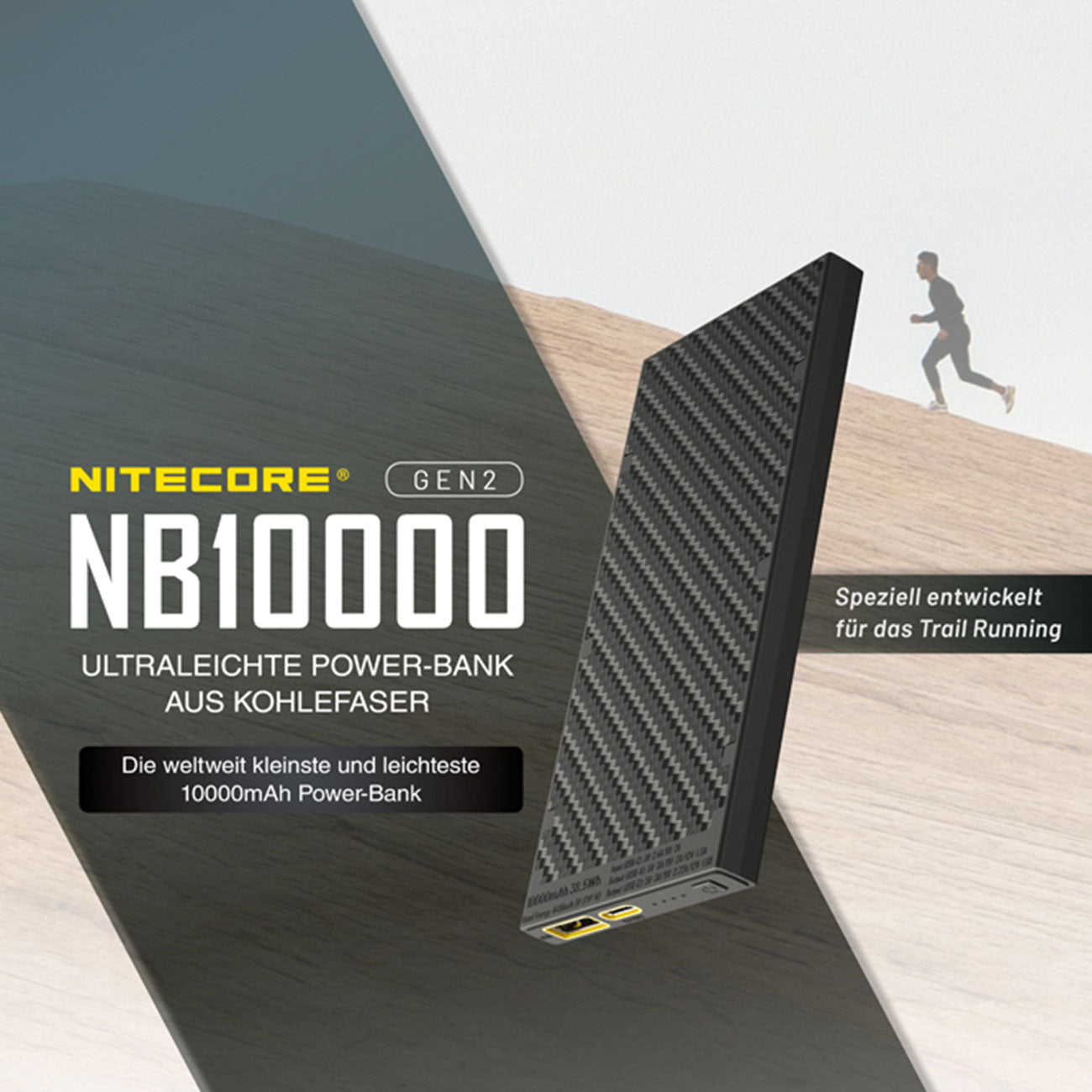 Nitecore Powerbank NB10000 GEN2 - 10000mAh, Carbongehäuse,150g, ultraleicht – Detailansicht