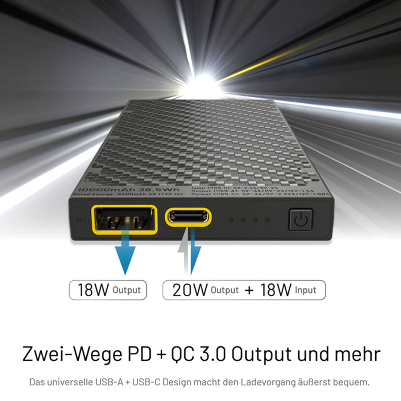 Nitecore Powerbank NB10000 GEN2 - 10000mAh, Carbongehäuse,150g, ultraleicht – Detailansicht