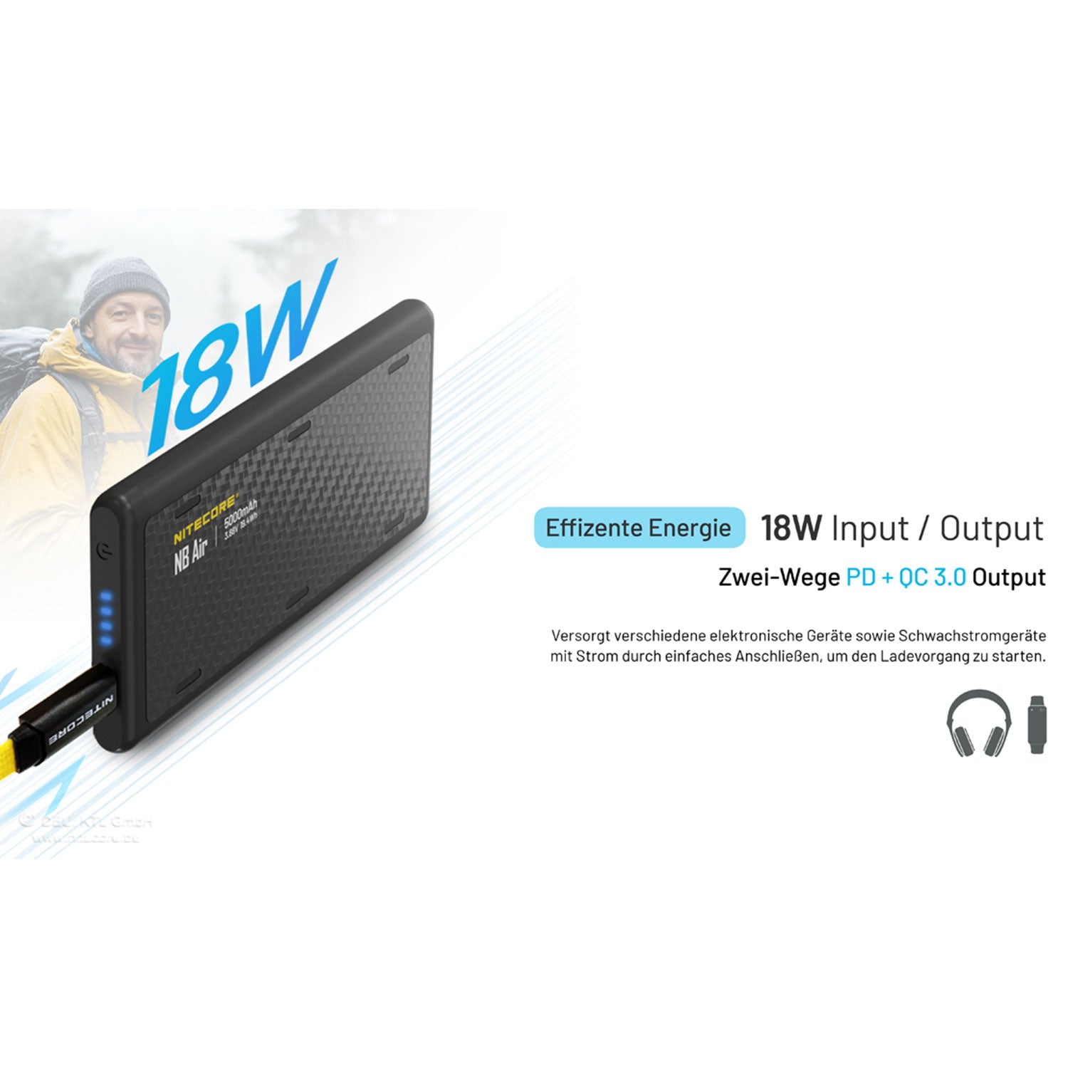 Nitecore NB Air – Leichte Carbon Powerbank 5000mAh, USB-C, PD & QC 3.0, IPX7 – USB-C Ladefunktion – Detailansicht 6