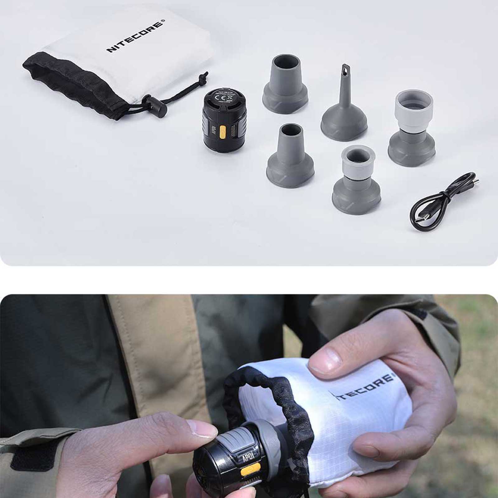 Nitecore AP01 – elektrische Mini-Luftpumpe aus Carbon mit USB-C Betrieb – Lieferumfang und Verpackung