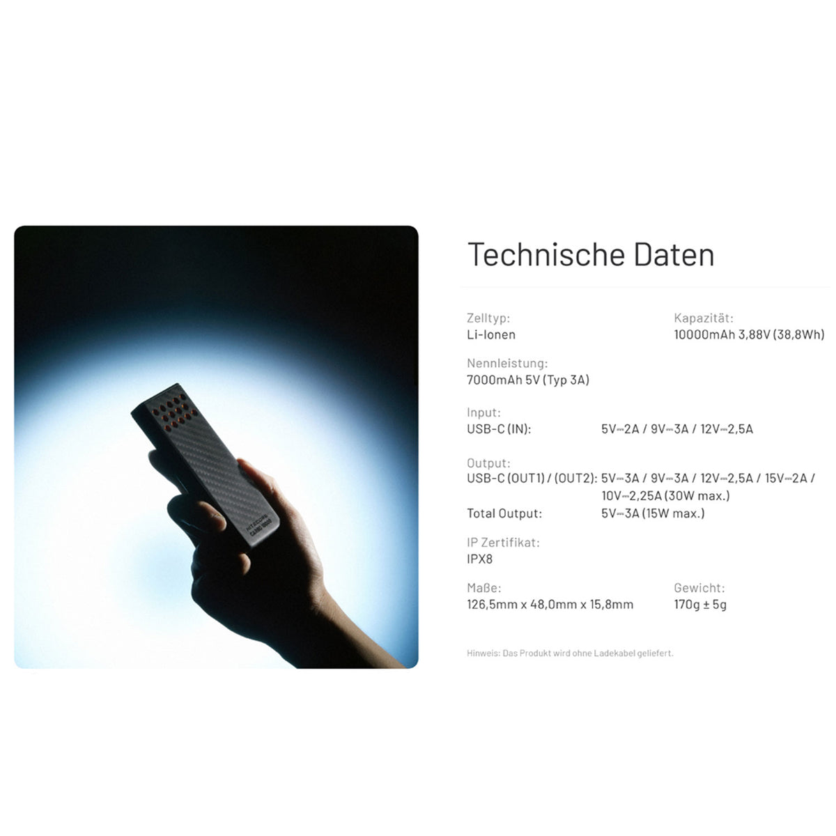 Nitecore CARBO10000 GEN2 – Ultraleichte Carbon Powerbank 10.000 mAh USB-C – Detailansicht