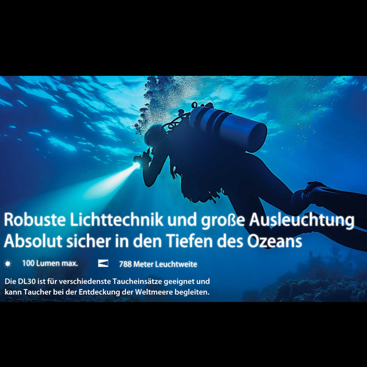 Nitecore DL30 – LED Tauchlampe 1100 Lumen mit Rotlicht & USB-C Akku – Detailansicht