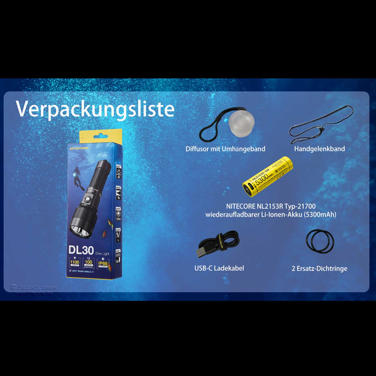 Nitecore DL30 – LED Tauchlampe 1100 Lumen mit Rotlicht & USB-C Akku – Detailansicht