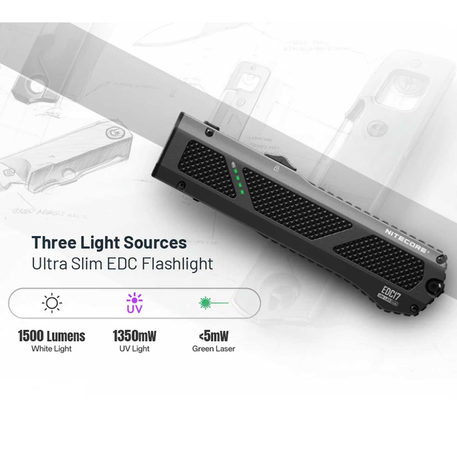 Nitecore EDC17 - LED Taschenlampe mit UV-Licht & grünem Laser 1500 Lumen USB-C – Detailansicht