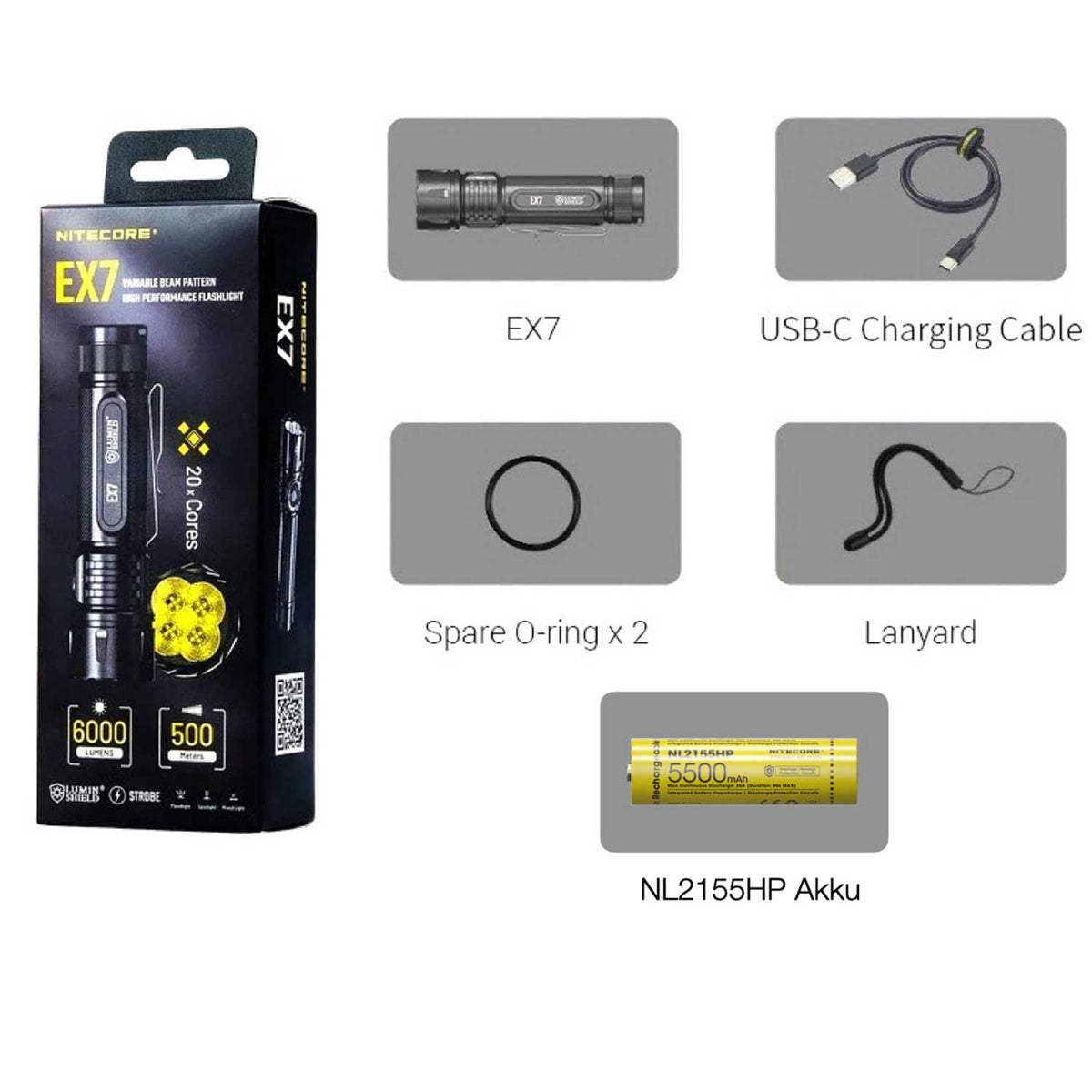Nitecore EX7 - LED Taschenlampe mit Akku 6000 Lumen Spot- & Flutlicht USB-C – Detailansicht