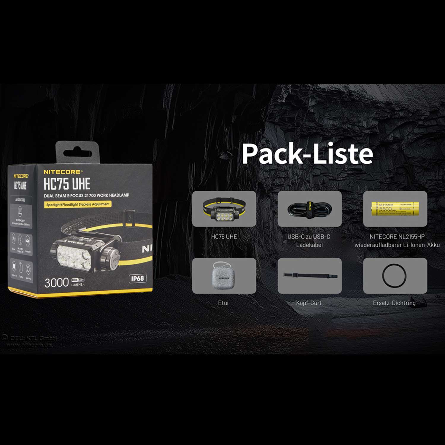 Nitecore HC75 UHE – LED-Stirnlampe mit 3000 Lumen, USB-C, Rotlicht & Fokusfunktion – Detailansicht