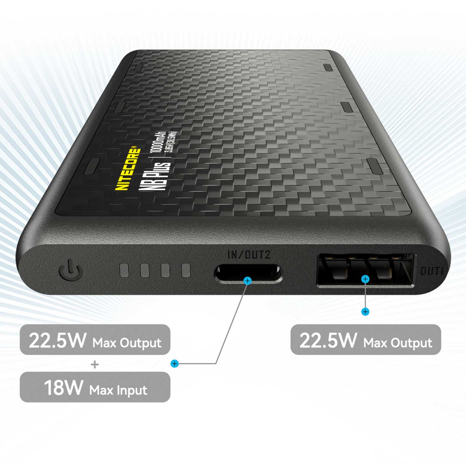 Nitecore NB Plus – 10.000mAh Carbon Powerbank mit USB-C & USB-A, PD/QC, IPX7 – Akkukapazität, USB-C Ladefunktion – Detailansicht 5