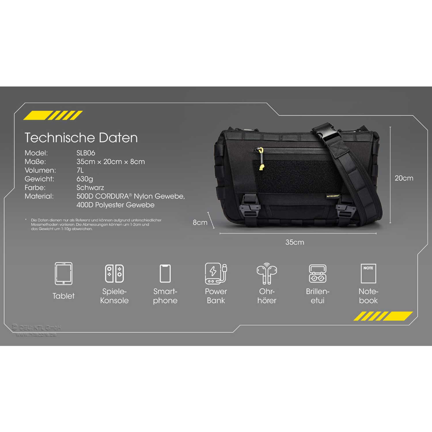 Nitecore SLB06 Umhängetasche 7 Liter – Crossbody/Schultertasche mit MOLLE-System – technische Daten