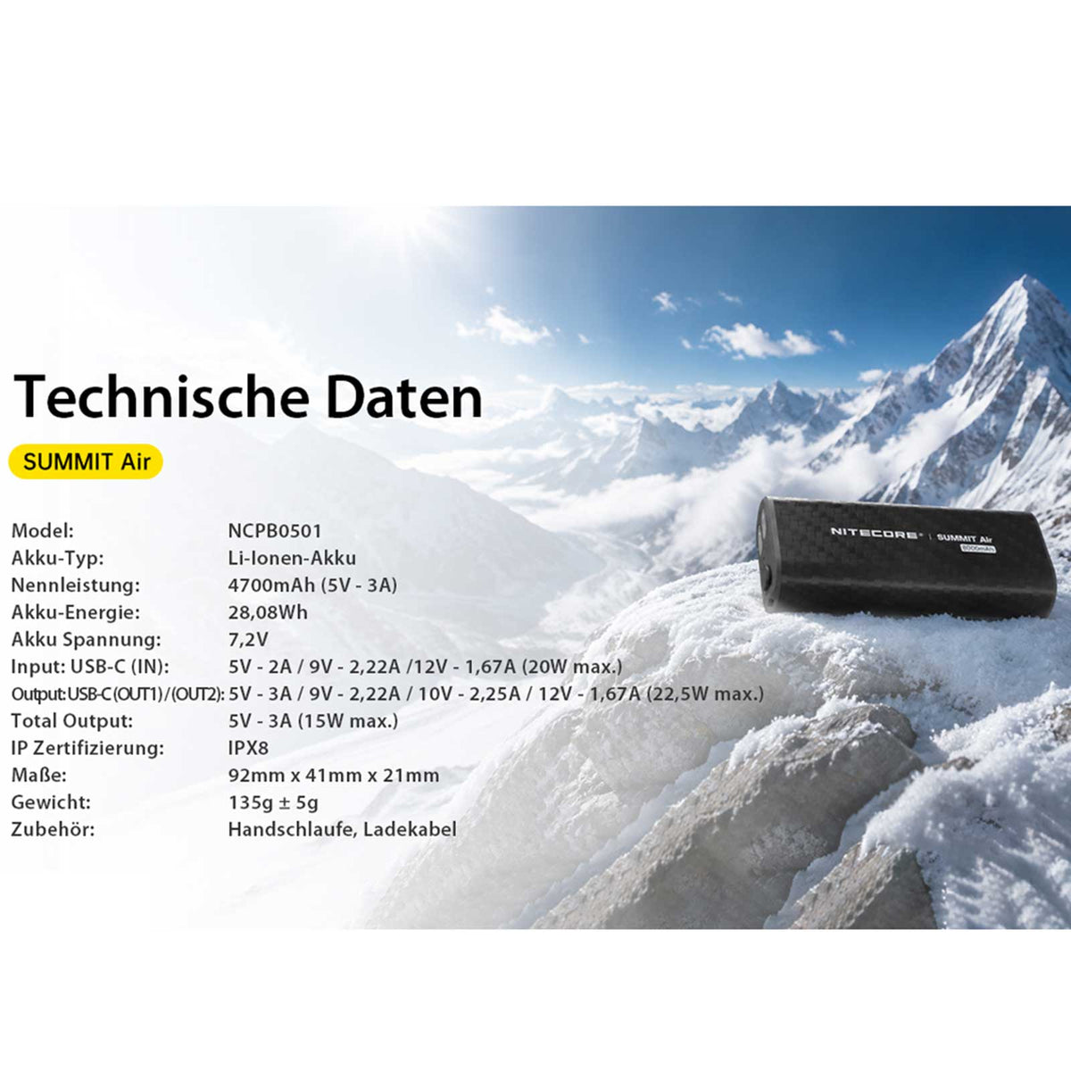 Nitecore SUMMIT Air – 8000mAh Powerbank mit 2x USB-C, kältebeständig bis -40 °C
