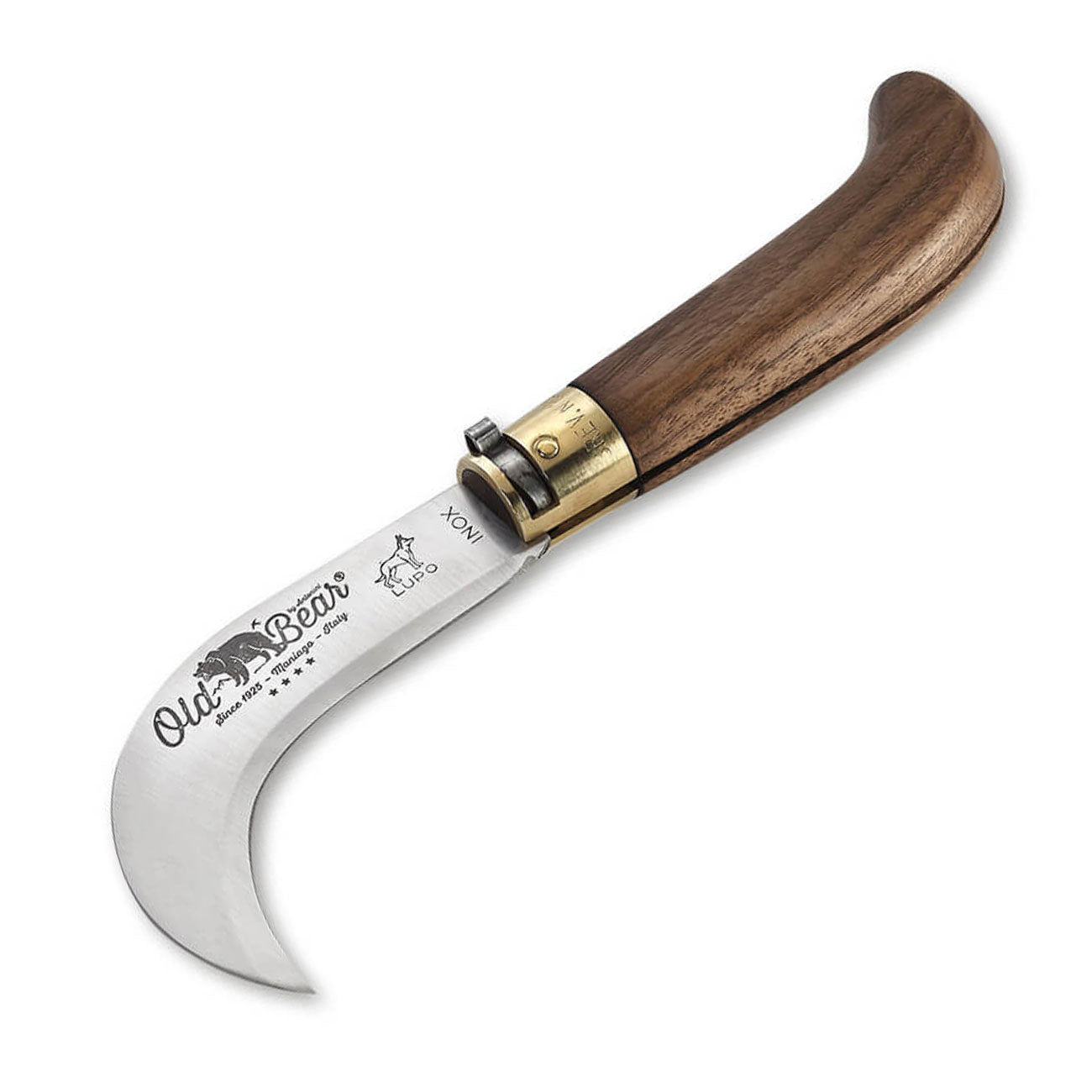 Old Bear Bill Hook Walnuss Taschenmesser – Gehäuse- und Griffdetail / Messeransicht