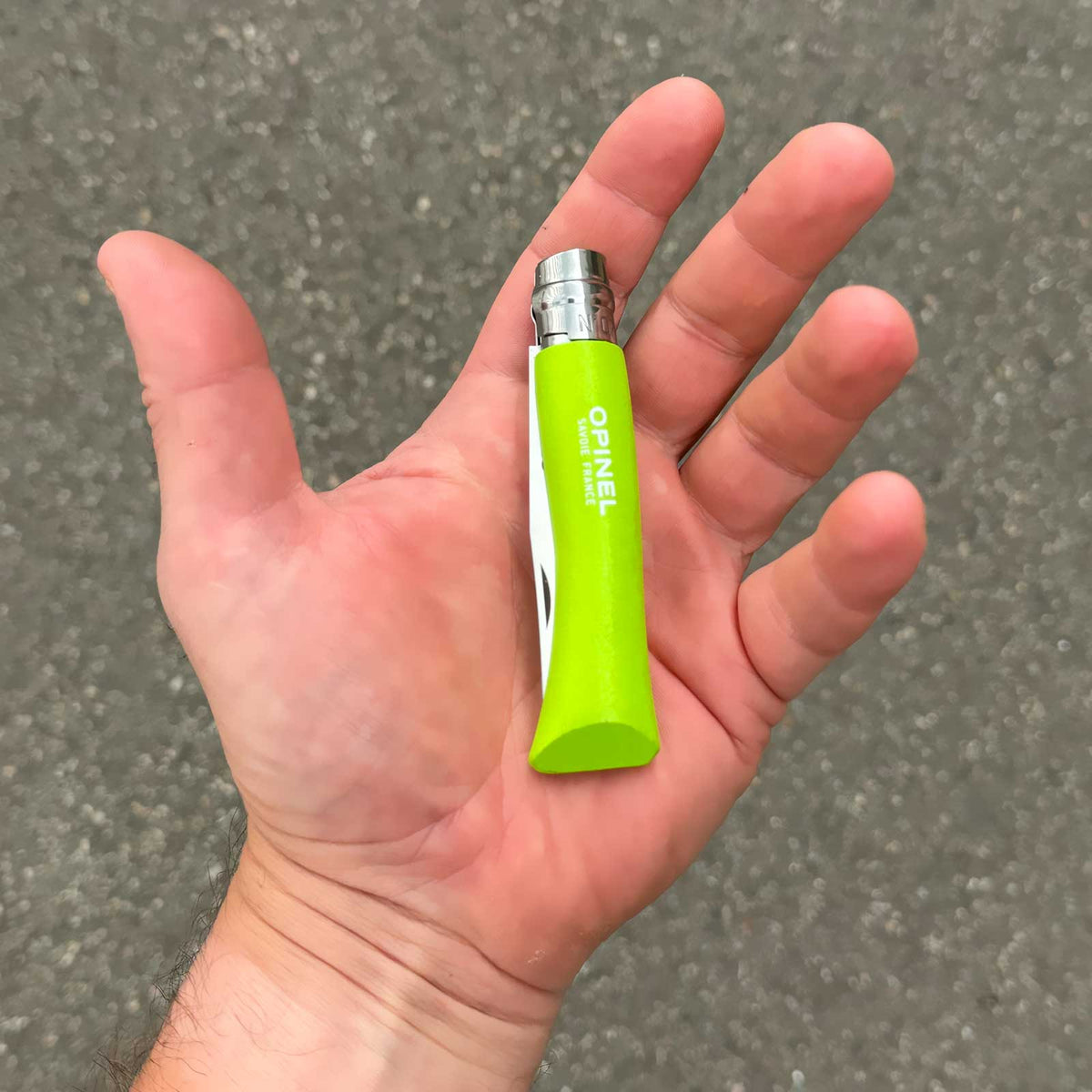 Opinel No 07 Kindermesser mit Rundspitze und Virobloc, Farbe grün – Größe und Abmessungen / Messeransicht
