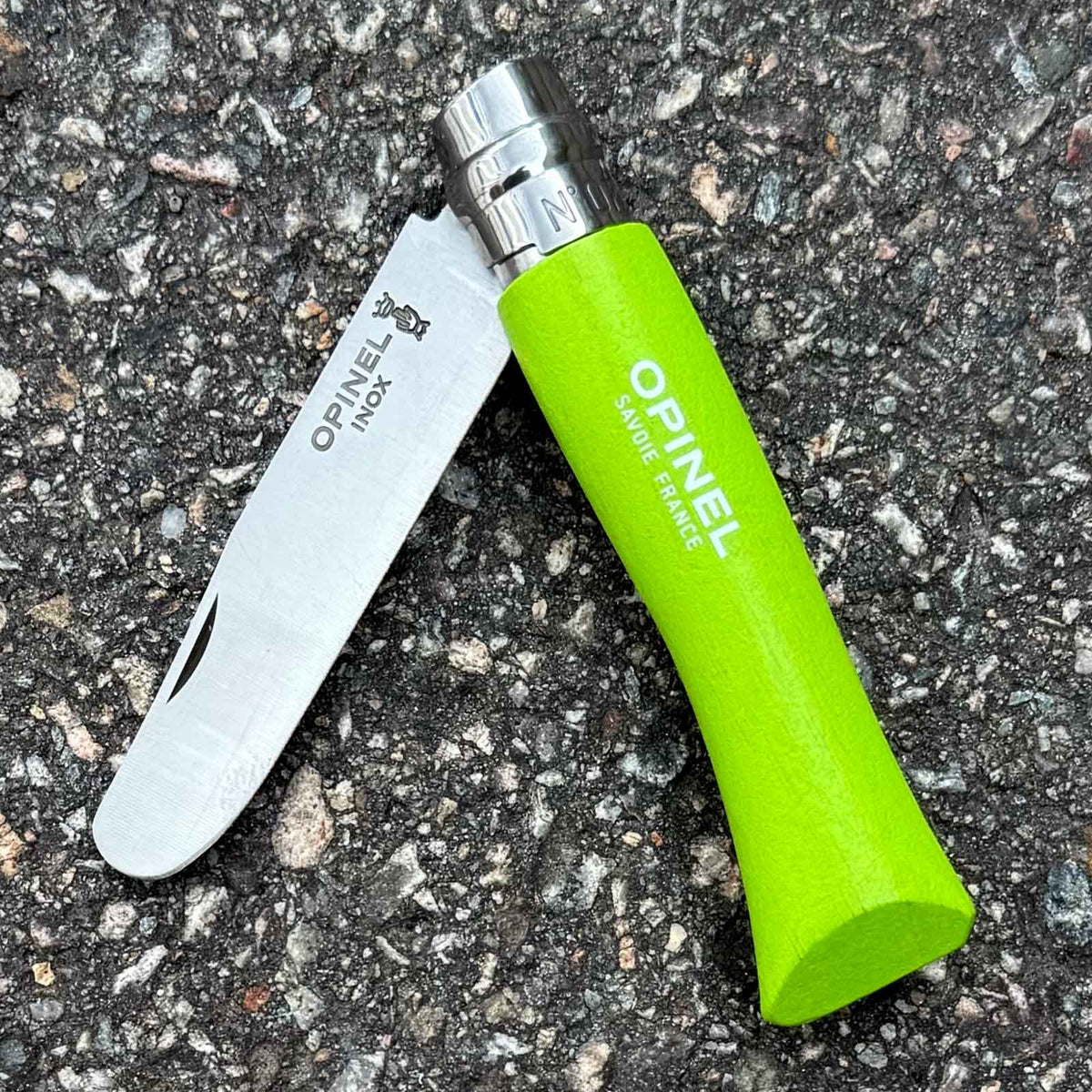 Opinel No 07 Kindermesser mit Rundspitze und Virobloc, Farbe blau – Klinge im Detail / Messeransicht