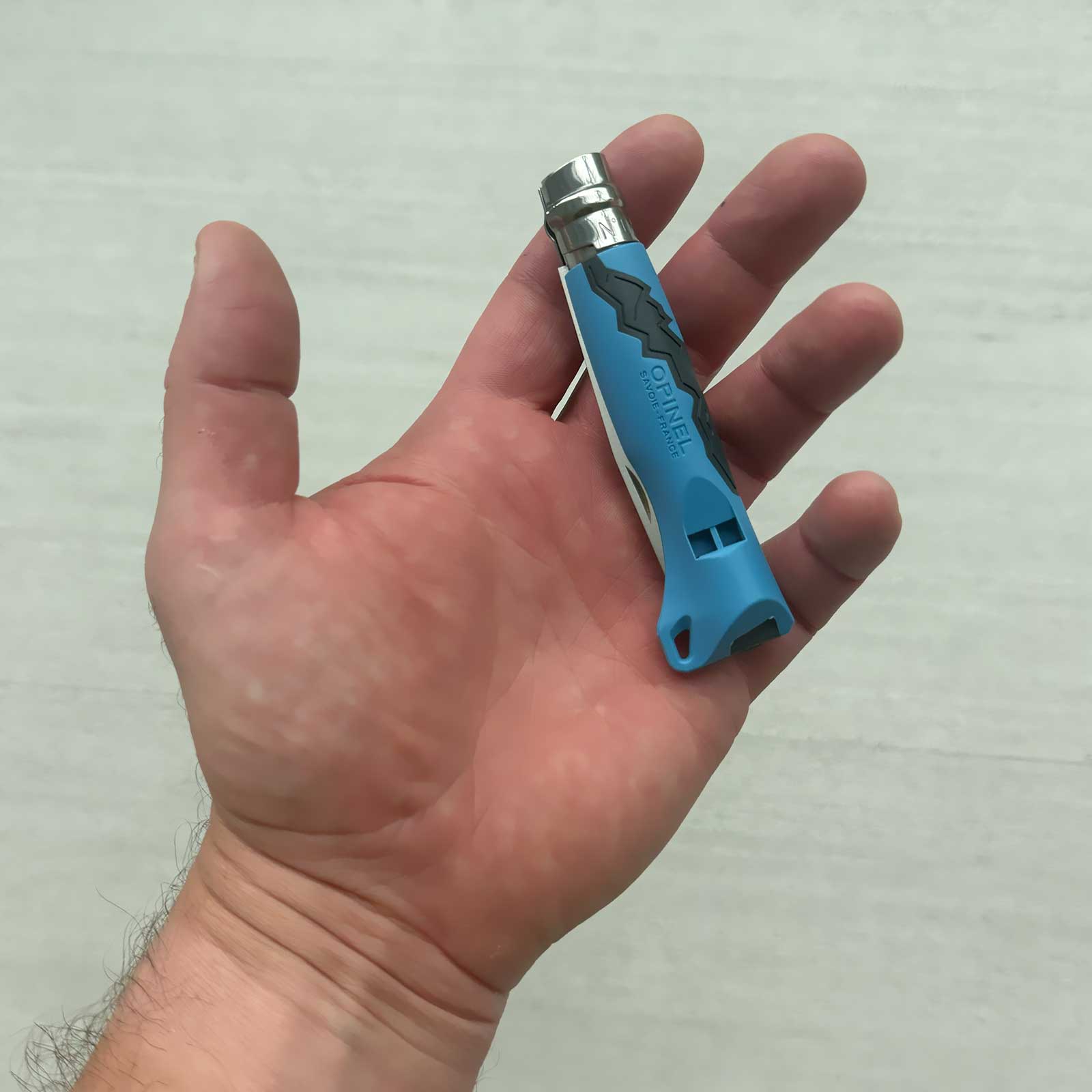 Opinel No 07 Outdoor Junior Kindermesser mit Signalpfeife, Farbe violett – Größe und Abmessungen / Outdoor-Einsatz
