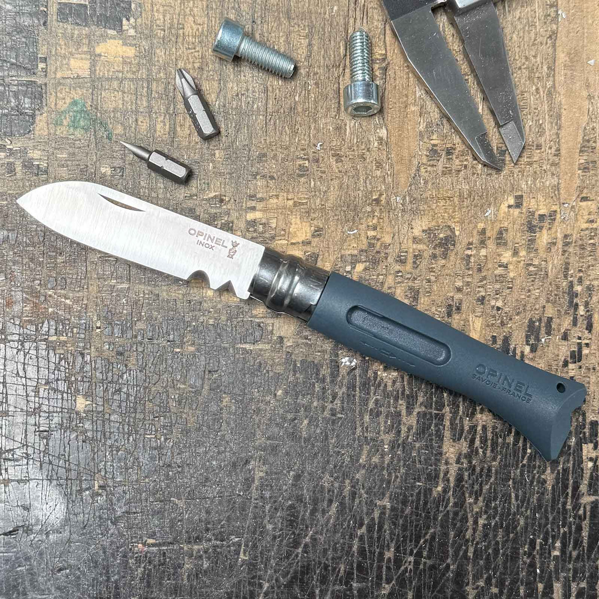 Opinel No 09 DIY Bricolage – Heimwerker Taschenmesser mit Abisolierer und Bits in 2 Farben – Messeransicht