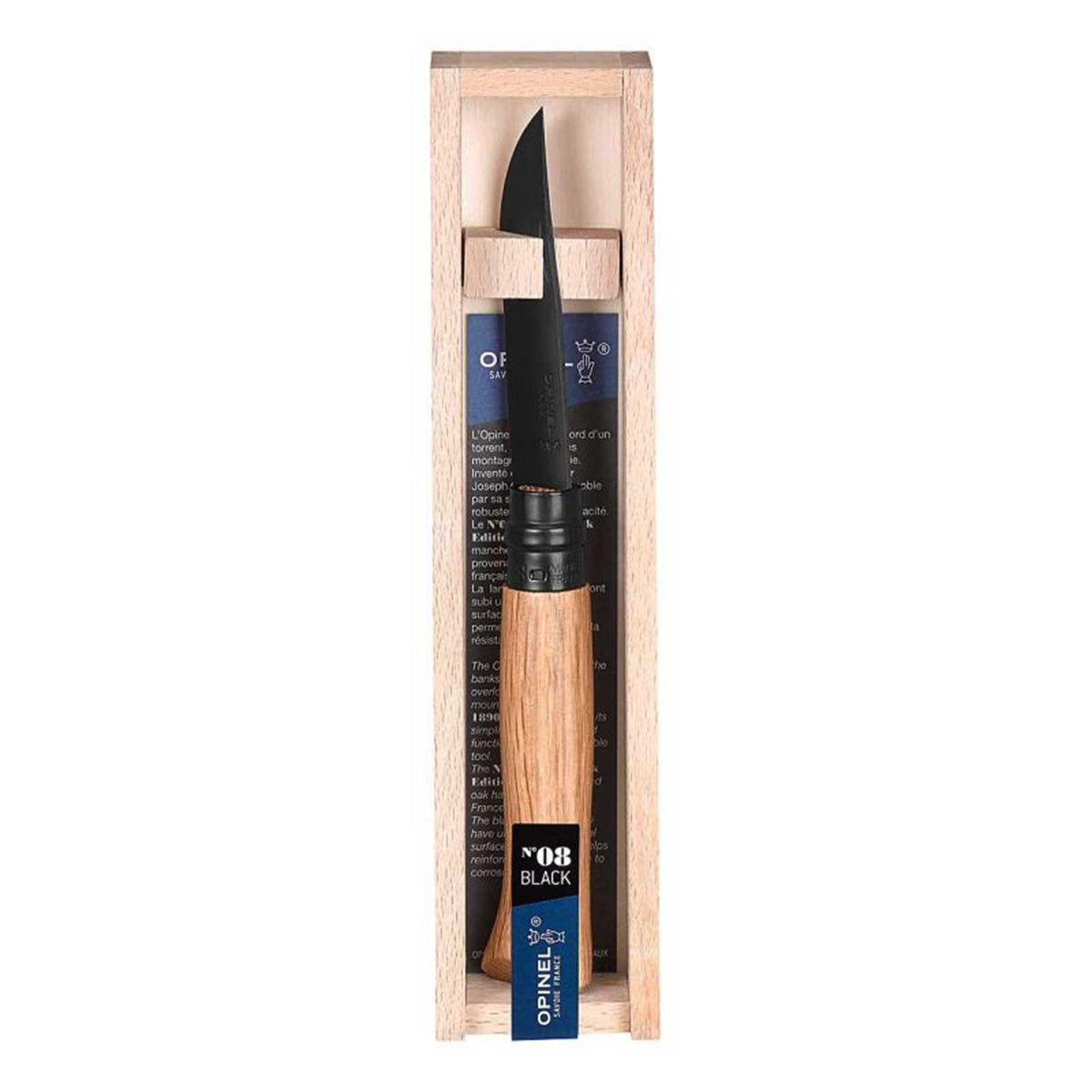 Opinel No. 08 Black Oak – Taschenmesser mit Eichenholzgriff und Holz-Geschenkbox – Detailansicht