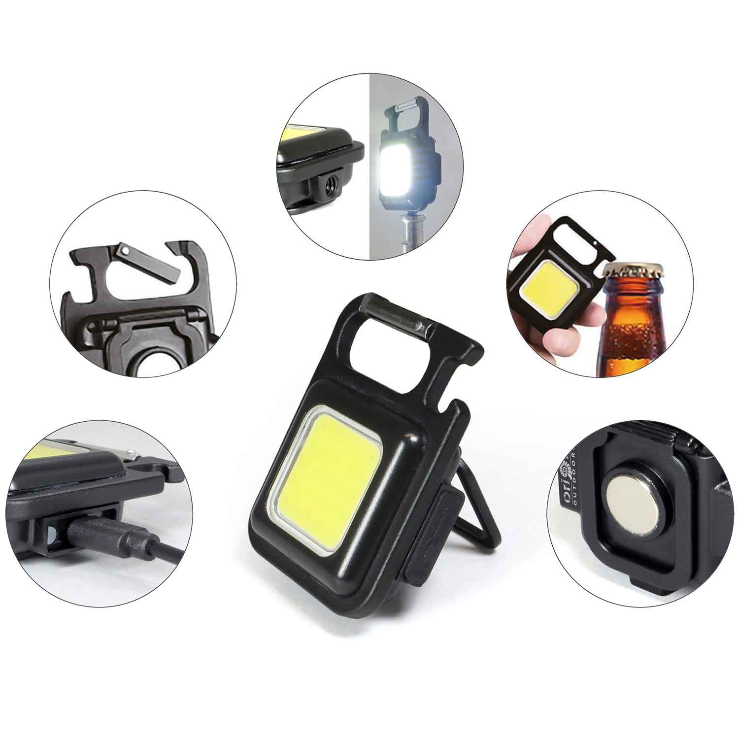 Origin Outdoors LED-Pocketleuchte 500 Lumen USB-C mit Magnet, Karabiner & Flaschenöffner – Detailansicht