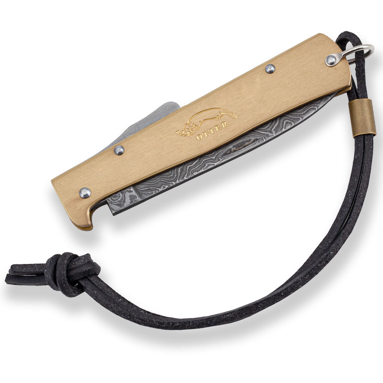 Otter Mercator Messing Damastklinge Taschenmesser mit Lederband (10-726 rg D) – Detailansicht