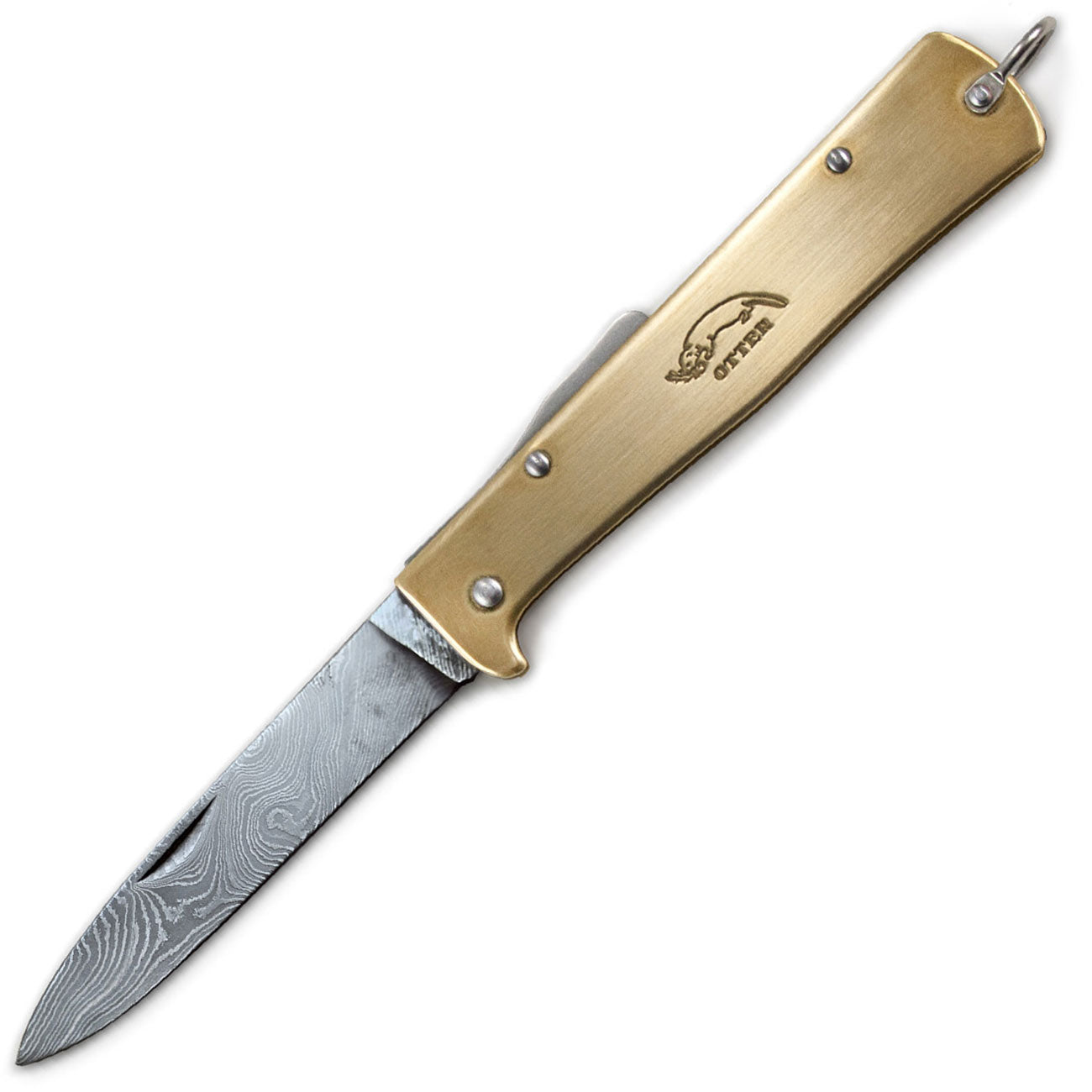 Otter Mercator Messing Damastklinge Taschenmesser mit Lederband (10-726 rg D) – Detailansicht