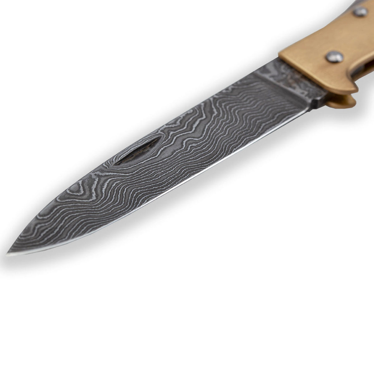 Otter Mercator Messing Damastklinge Taschenmesser mit Lederband (10-726 rg D) – Detailansicht